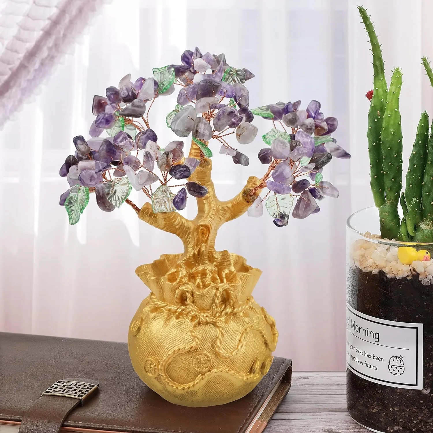 mookaitedecor Amethyst Crystal Money Tree with Golden Money Bag Base for Wealth Luck, Feng Shui Tree Bonsai Ornament Office & Home Decoration