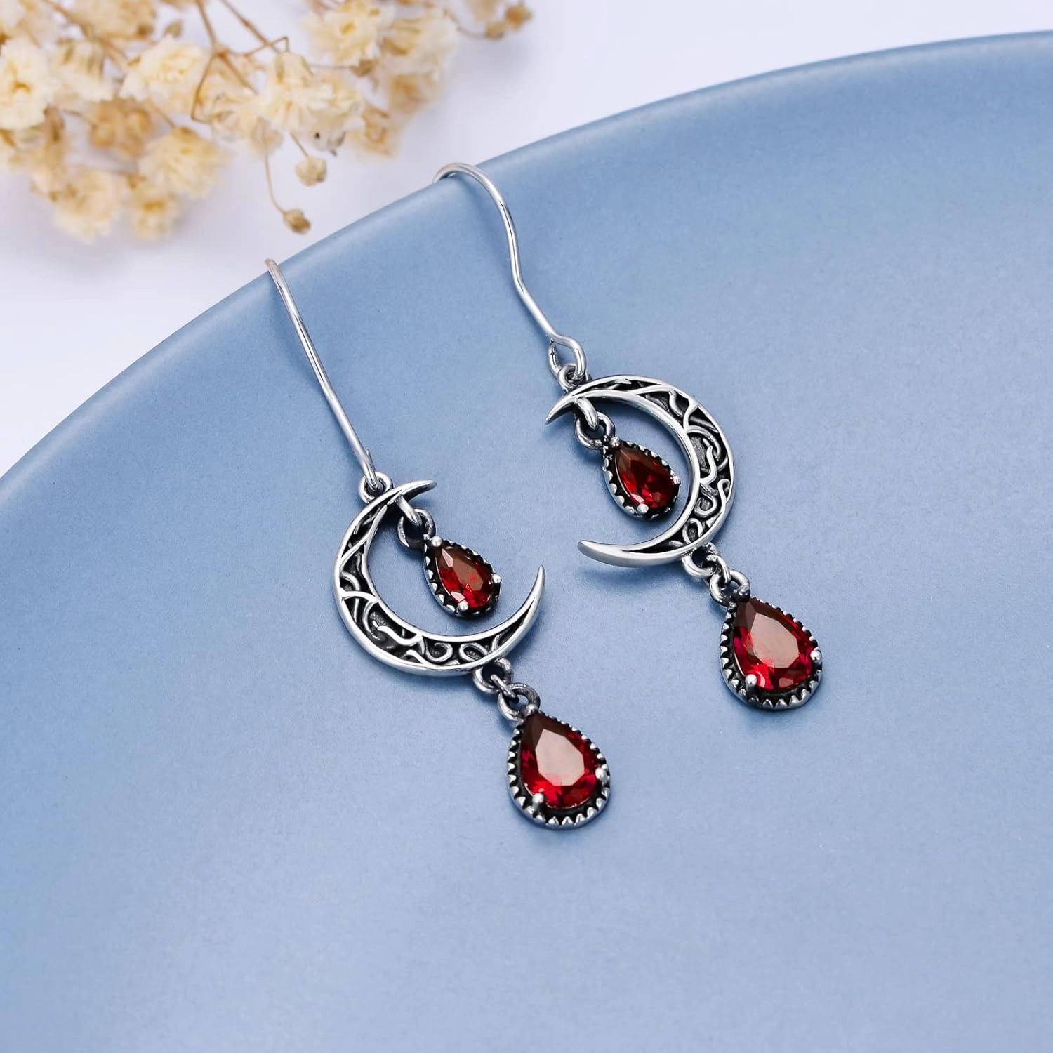 Moon Earrings for Women 925 Sterling Silver Celtic Moon Dangle Drop Earrings Emerald / Amethyst / Ruby / Sapphire/ Pink / Peridot / Aquamarine / Citrine / Black / Rainbow Topaz Dangling Earrings Celtic Jewelry Gifts for Women