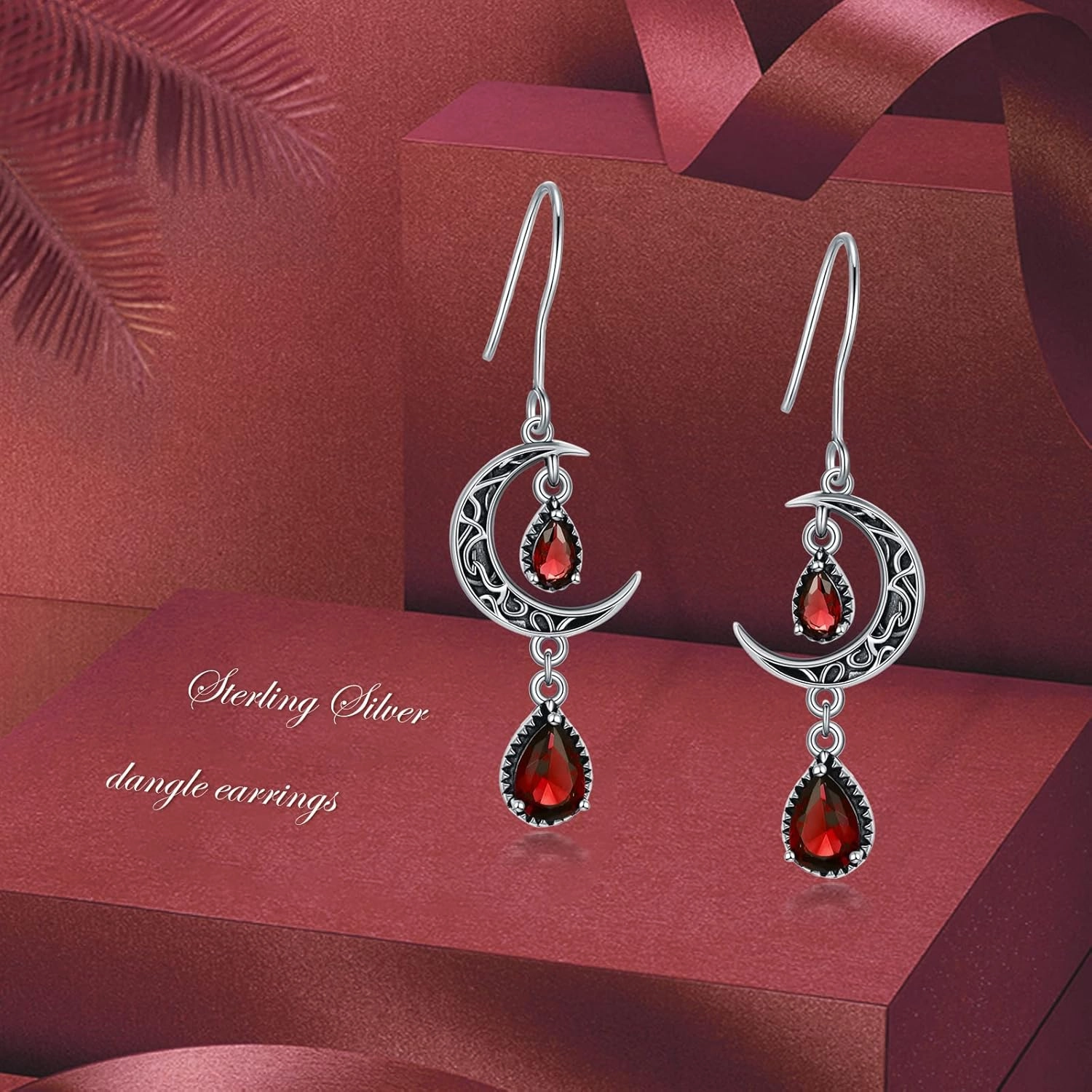 Moon Earrings for Women 925 Sterling Silver Celtic Moon Dangle Drop Earrings Emerald / Amethyst / Ruby / Sapphire/ Pink / Peridot / Aquamarine / Citrine / Black / Rainbow Topaz Dangling Earrings Celtic Jewelry Gifts for Women