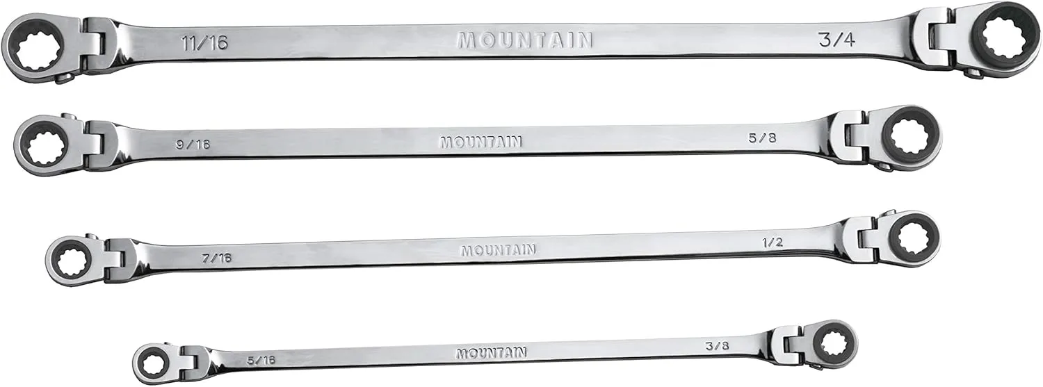Mountain RF7 SAE Reversible Double Raised Box Ratcheting Wrench Set, Universal Spline, 90 Tooth Design, 180 Degree Rotating Head, Sizes 5/16", 3/8", 7/16", 1/2", 9/16" 5/8", 11/16", 3/4", 4-Piece