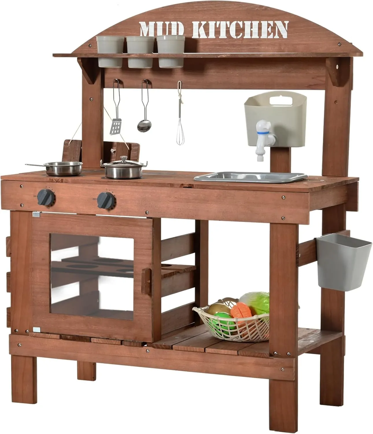 Mud Kitchen for Kids Outdoor, Kids Play Kitchen with Accessories 31.5 in Wooden Play Kitchen Set with Sink, Faucet, Plants Observation Room, Toddler Outdoor Mud Kitchen for Backyard Garden