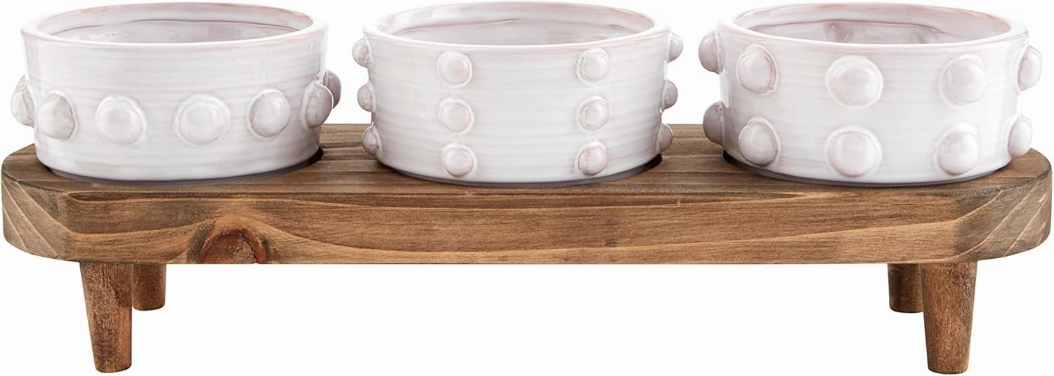 Mud Pie Beaded Bowl Wood Board, stand 5" x 7" | dip 2" x 4" dia, White