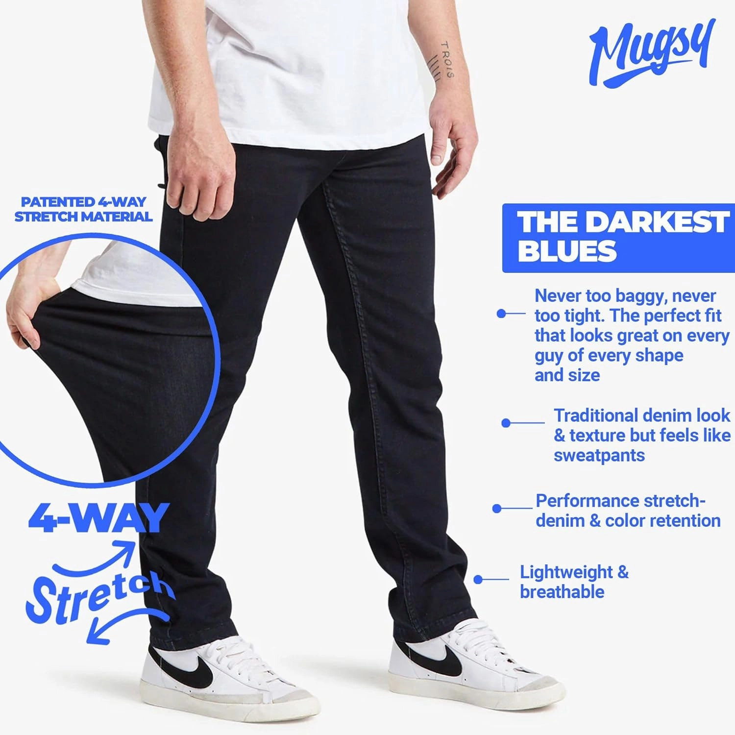 Mugsy Mens Jeans, Classic Fit, Stretch Denim Jeans for Men, Comfortable, 4-Way Stretch, Flexible Pants, Size Up If Needed