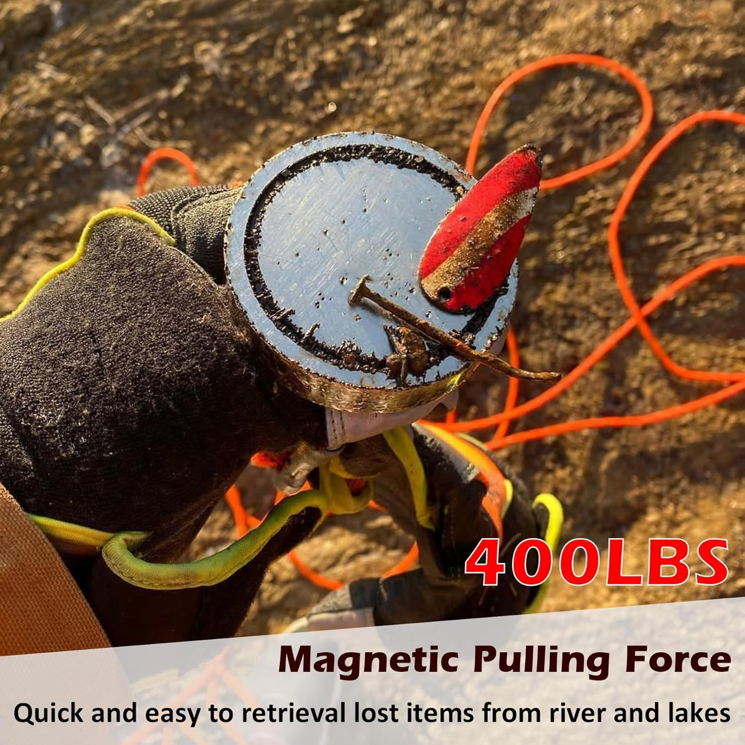 MUTUACTOR Magnet Fishing Kit 400lbs Pulling Force,Heavy Duty Neodymium N52 Magnet with 20m(64 Foot) Durable Rope,Permanent Gaint Rare Earth Magnets for Lifting Objects Hunting Lost Treasures