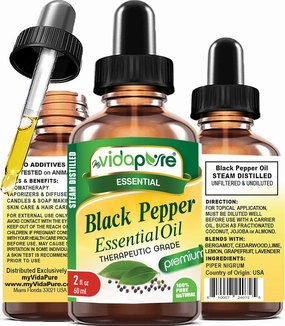 myVidaPure Black Pepper Essential Oil 100% Pure Natural Undiluted 2 fl oz- 60 ml for Beauty, Skin, Face, Hair, Aromatherapy, Soaps, Candles, Reed Diffusers, Perfume