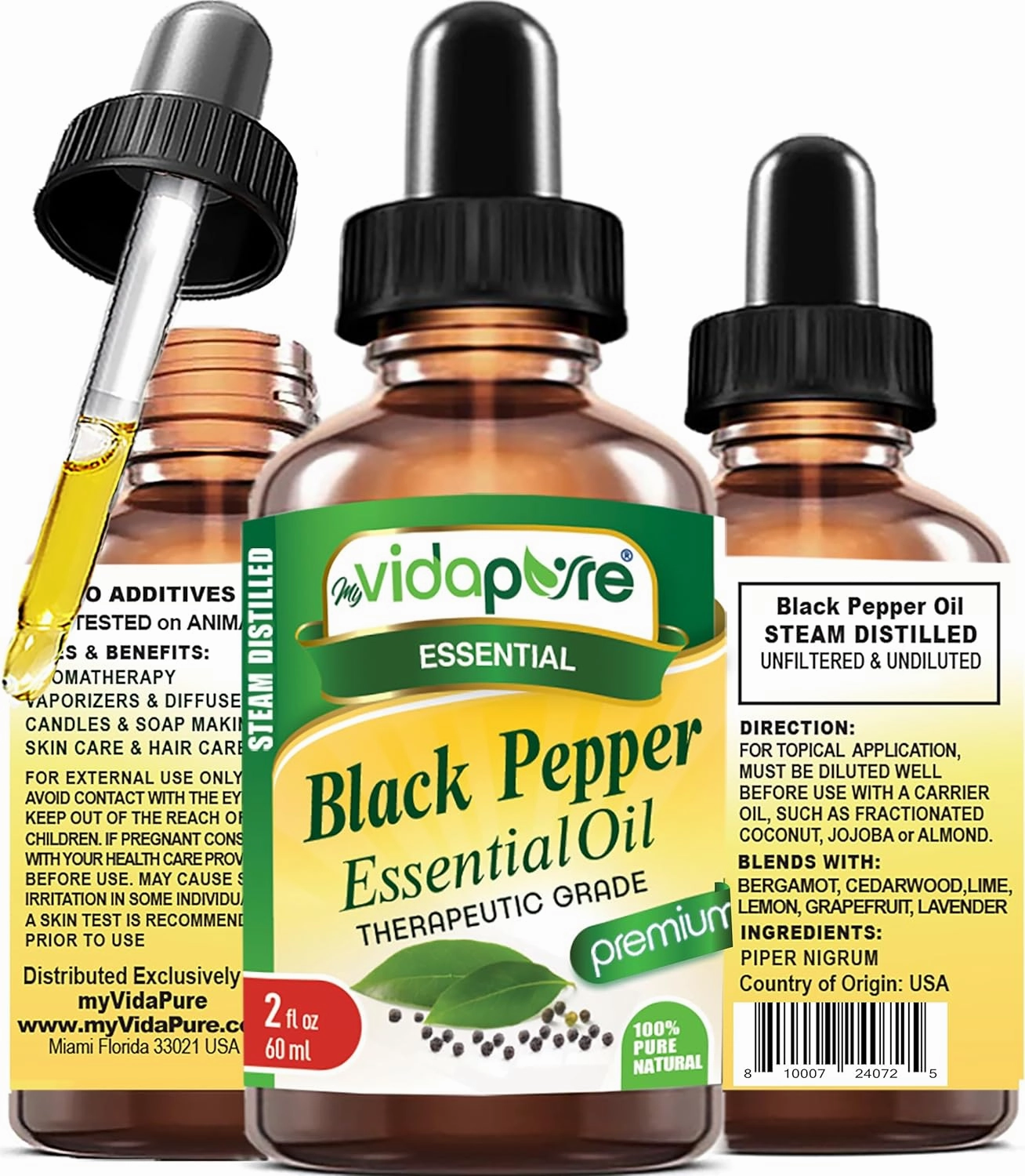 myVidaPure Black Pepper Essential Oil 100% Pure Natural Undiluted 2 fl oz- 60 ml for Beauty, Skin, Face, Hair, Aromatherapy, Soaps, Candles, Reed Diffusers, Perfume