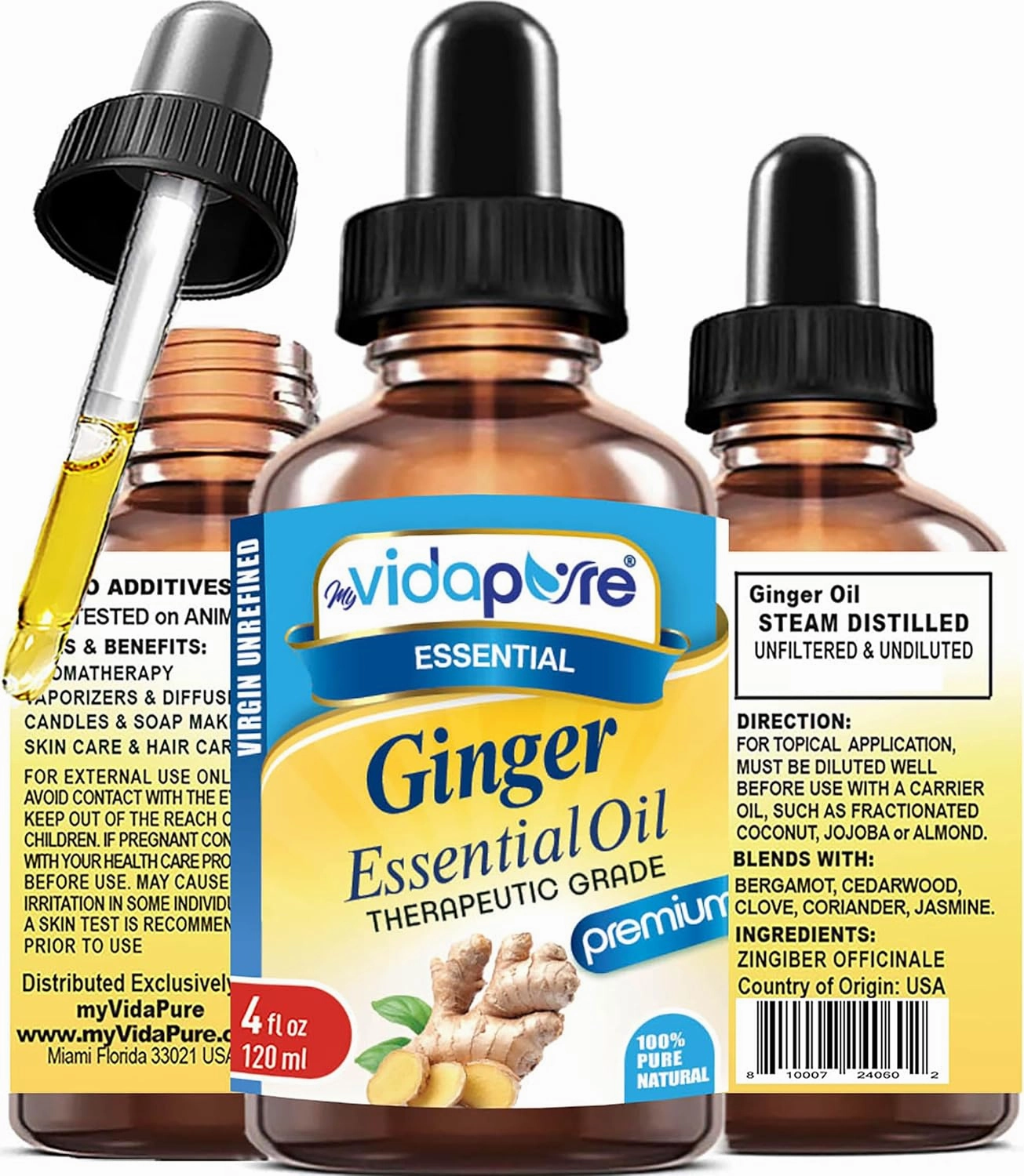 myVidaPure Ginger Essential Oil 100% Pure Natural Undiluted 4 fl oz- 120 ml for Beauty, Skin, Hair, Aromatherapy, Soaps, Candles, Reed Diffusers, Perfume