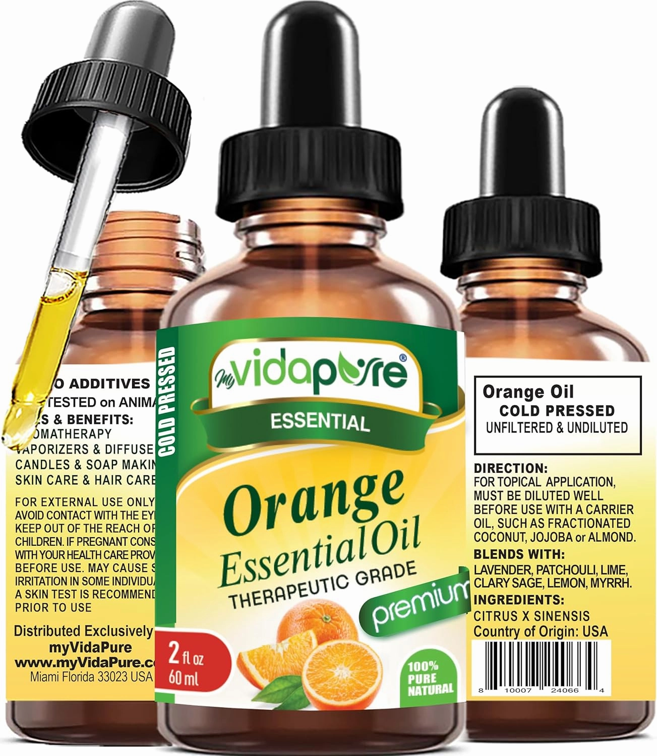 myVidaPure Orange Essential Oil 100% Pure Natural Undiluted 2 fl oz- 60 ml for Beauty, Skin, Hair, Aromatherapy, Soaps, Candles, Reed Diffusers, Perfume