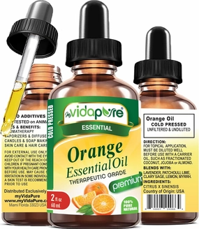 myVidaPure Orange Essential Oil 100% Pure Natural Undiluted 2 fl oz- 60 ml for Beauty, Skin, Hair, Aromatherapy, Soaps, Candles, Reed Diffusers, Perfume