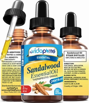 myVidaPure Sandalwood Essential Oil 100% Pure Natural Undiluted Therapeutic Grade Essential Oil 2 fl oz- 60 ml for Aromatherapy, Soaps, Candles, Reed Diffusers, Beauty, Hair, Skin