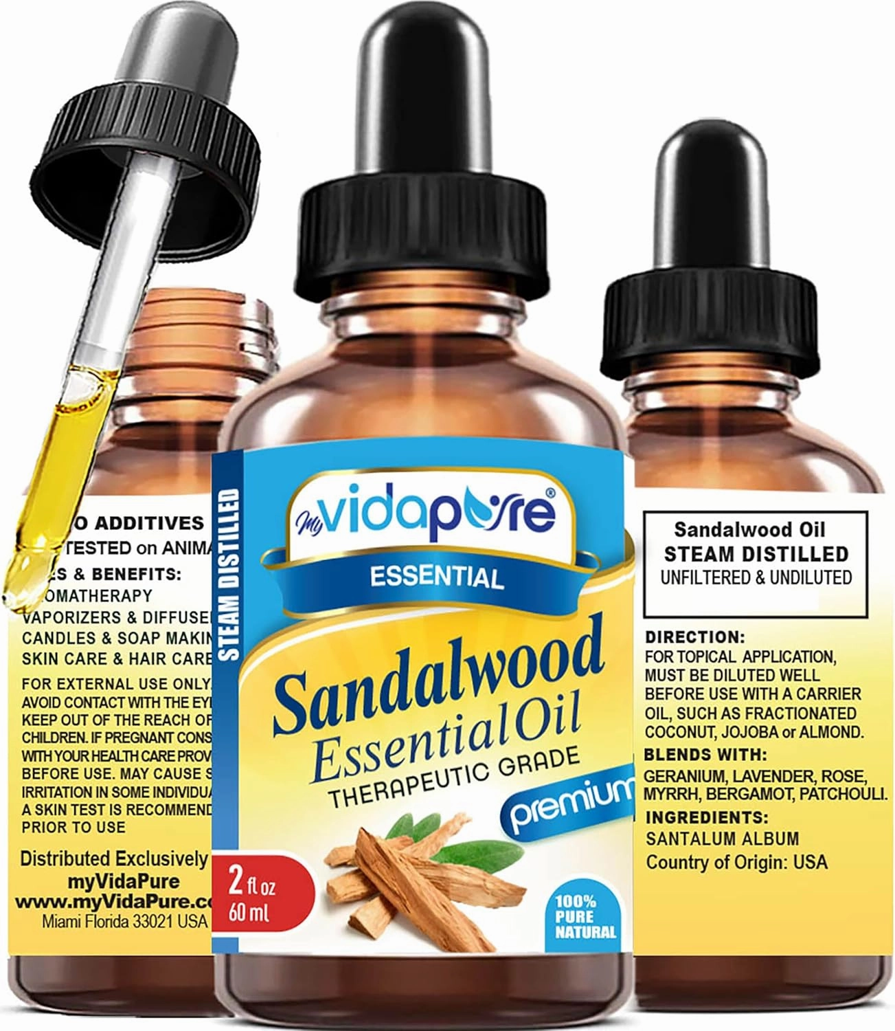 myVidaPure Sandalwood Essential Oil 100% Pure Natural Undiluted Therapeutic Grade Essential Oil 2 fl oz- 60 ml for Aromatherapy, Soaps, Candles, Reed Diffusers, Beauty, Hair, Skin