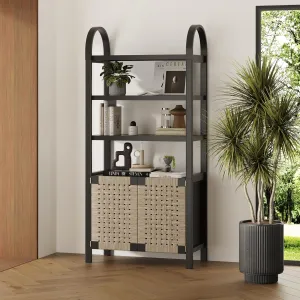 Nathan James Aerie Boho Solid Wood Bookshelf, Arched Bookcase Cabinet with Natural Woven Seagrass Doors, Black/Seagrass