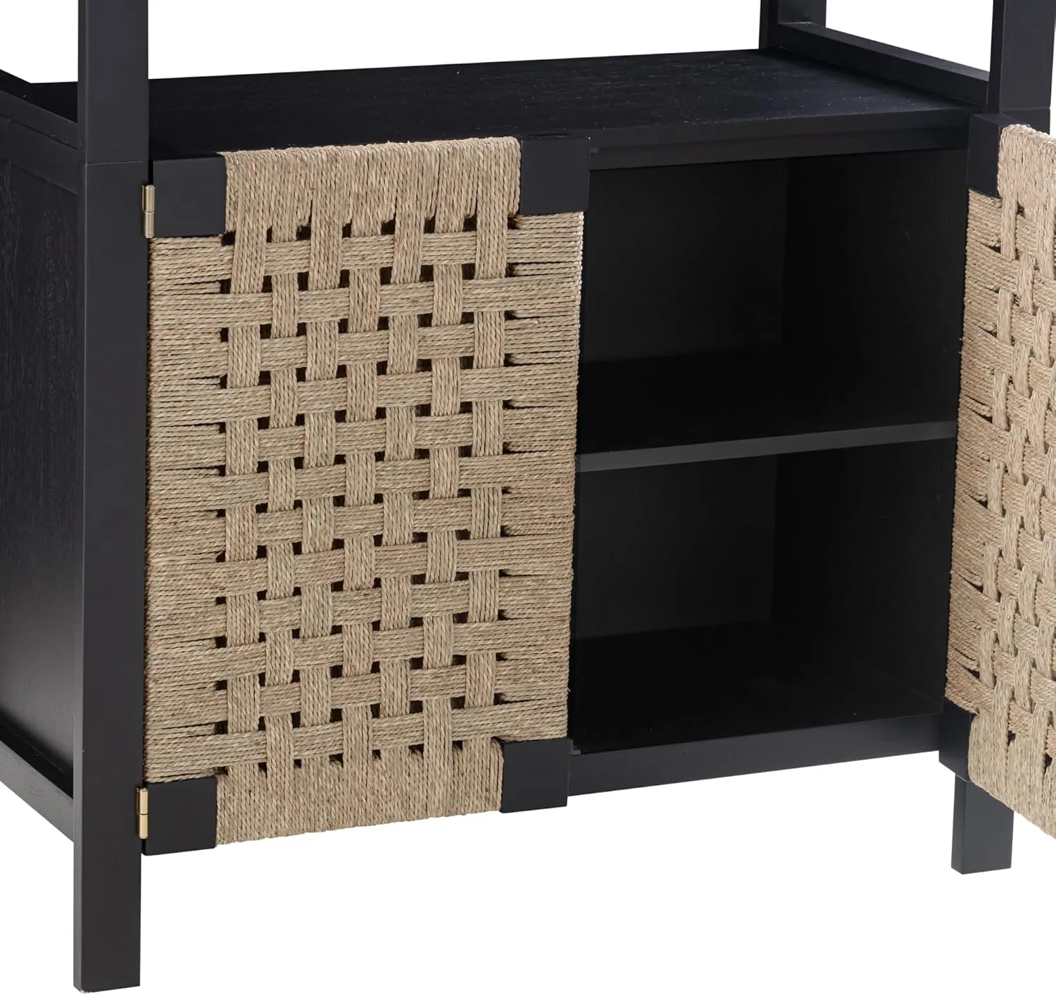 Nathan James Aerie Boho Solid Wood Bookshelf, Arched Bookcase Cabinet with Natural Woven Seagrass Doors, Black/Seagrass