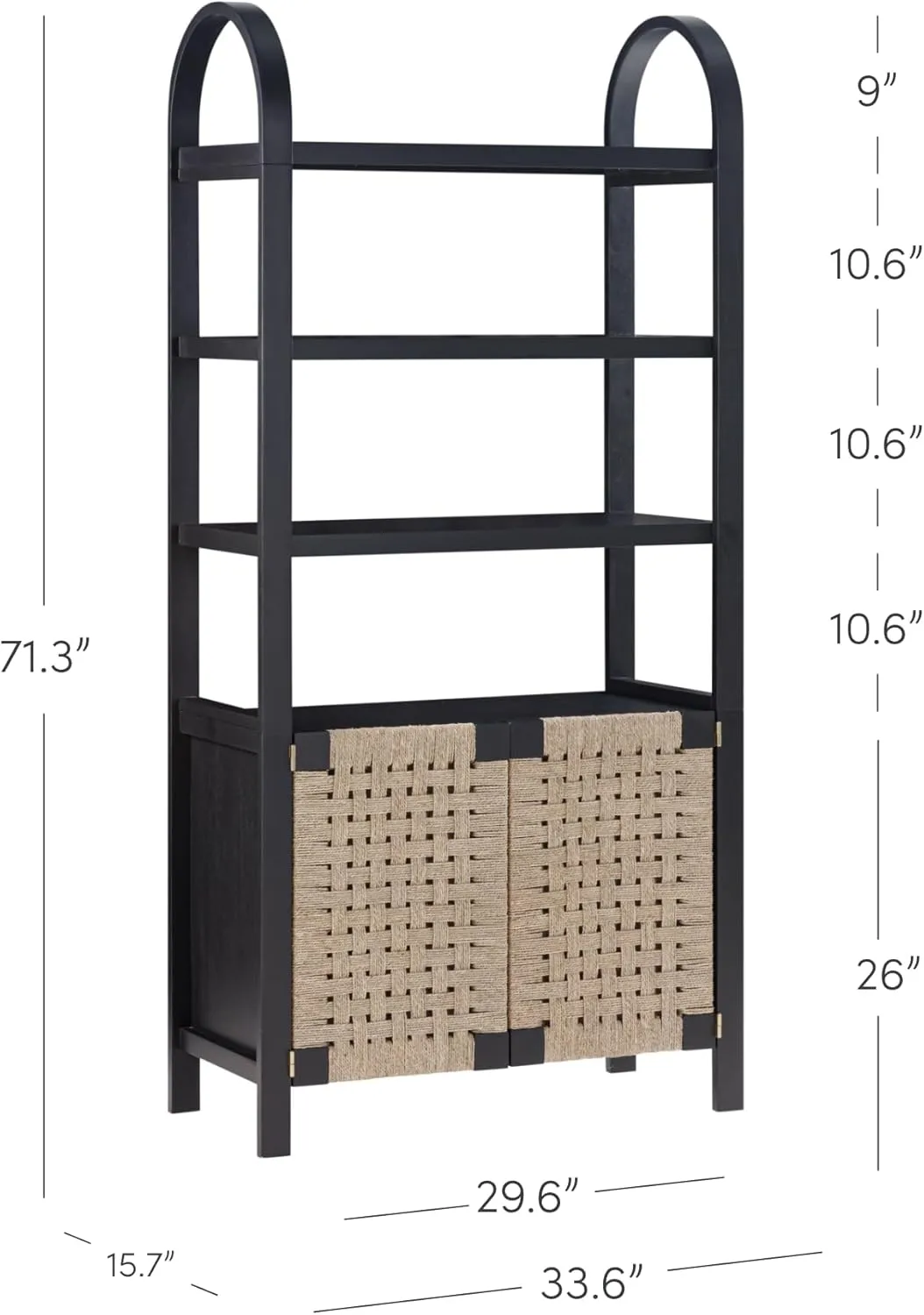 Nathan James Aerie Boho Solid Wood Bookshelf, Arched Bookcase Cabinet with Natural Woven Seagrass Doors, Black/Seagrass