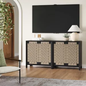 Nathan James Aerie Rustic Wood TV Stand, Boho Living Room Storage Cabinet with Seagrass Door Panels and Solid Wood Legs, Black Set of 2