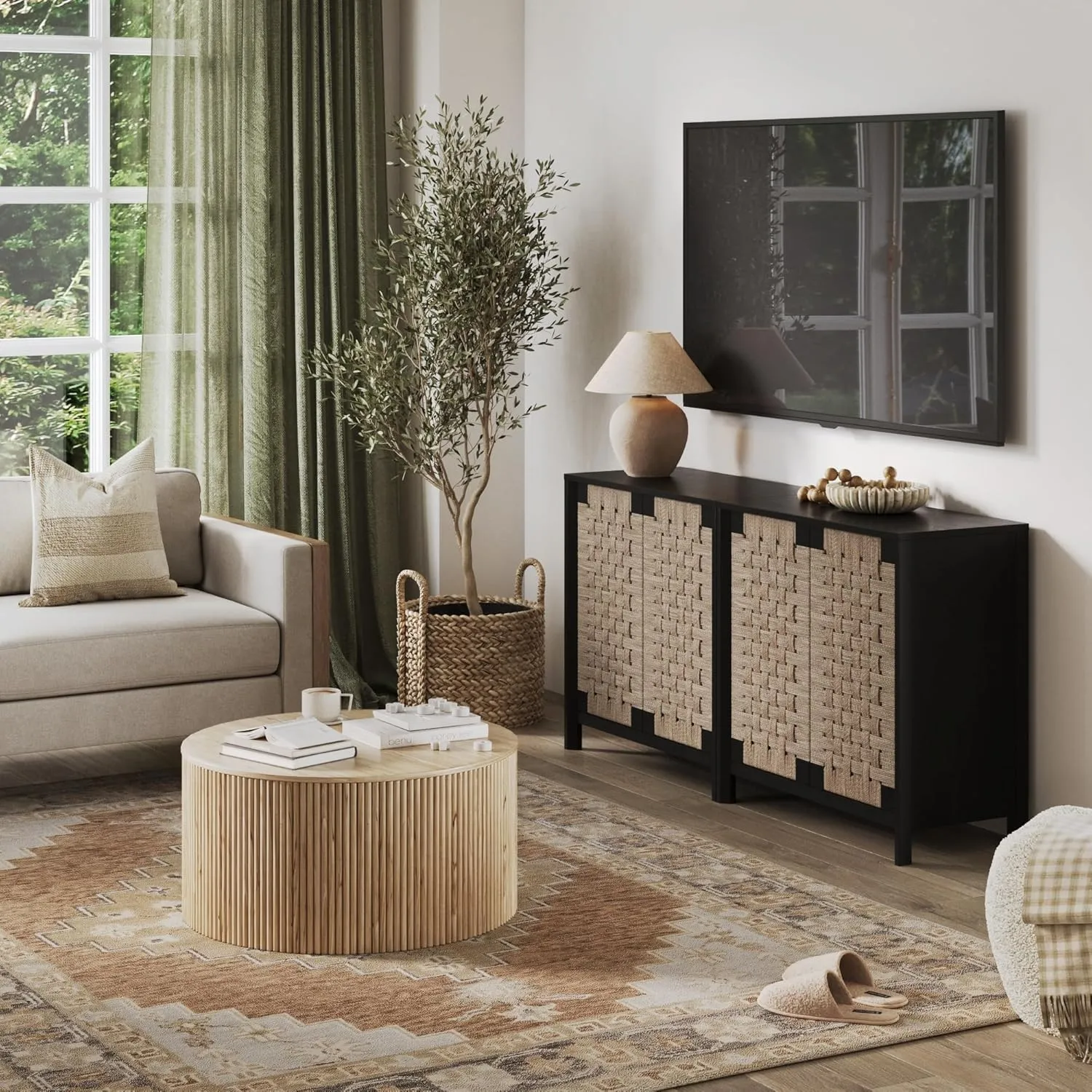 Nathan James Aerie Rustic Wood TV Stand, Boho Living Room Storage Cabinet with Seagrass Door Panels and Solid Wood Legs, Black Set of 2