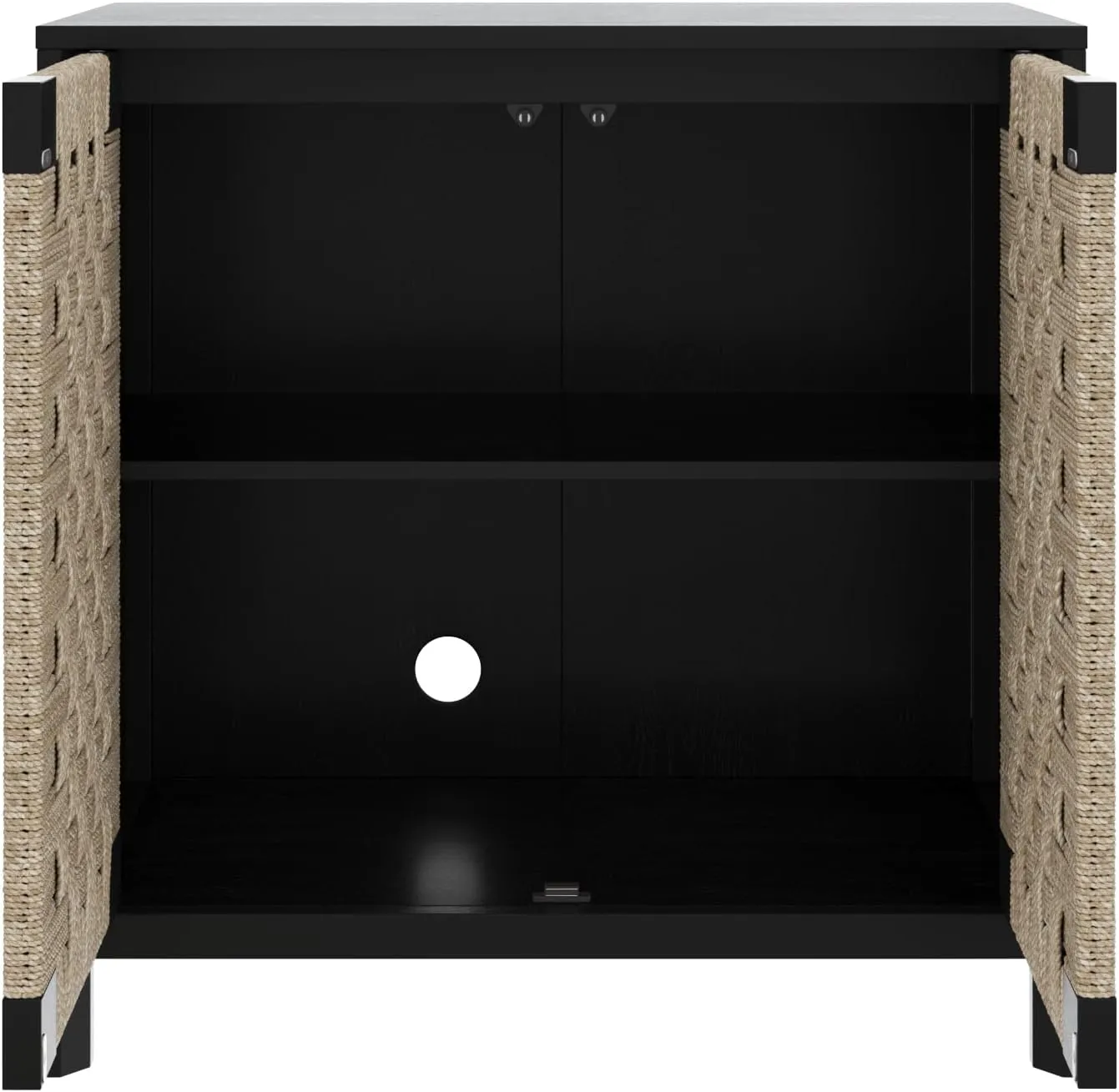 Nathan James Aerie Rustic Wood TV Stand, Boho Living Room Storage Cabinet with Seagrass Door Panels and Solid Wood Legs, Black Set of 2