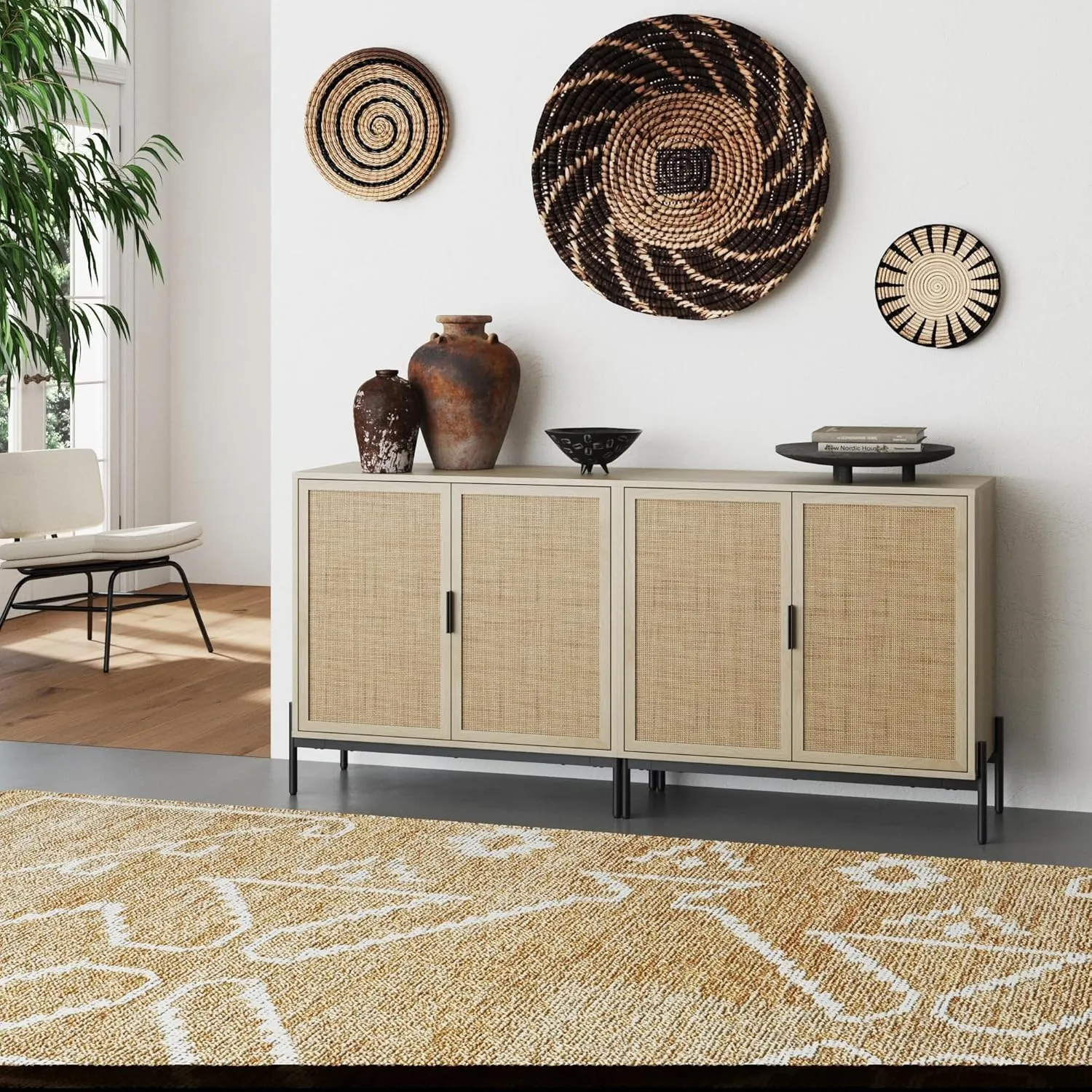 Nathan James Andrew Bohemian TV Stand or Kitchen Sideboard Credenza, Rattan Accent Cabinet with Metal Legs, Light Oak/Matte Black, Set of 2