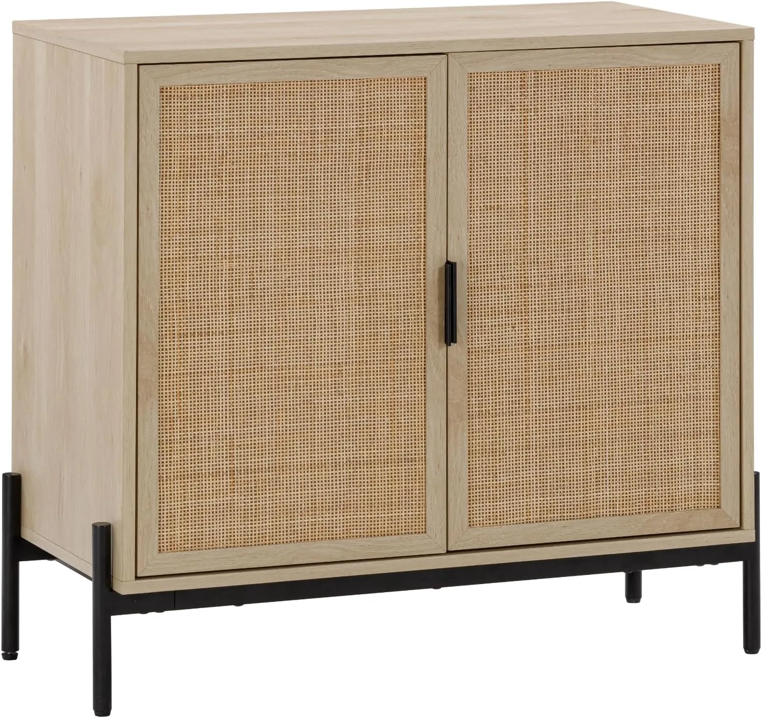 Nathan James Andrew Bohemian TV Stand or Kitchen Sideboard Credenza, Rattan Accent Cabinet with Metal Legs, Light Oak/Matte Black, Set of 2