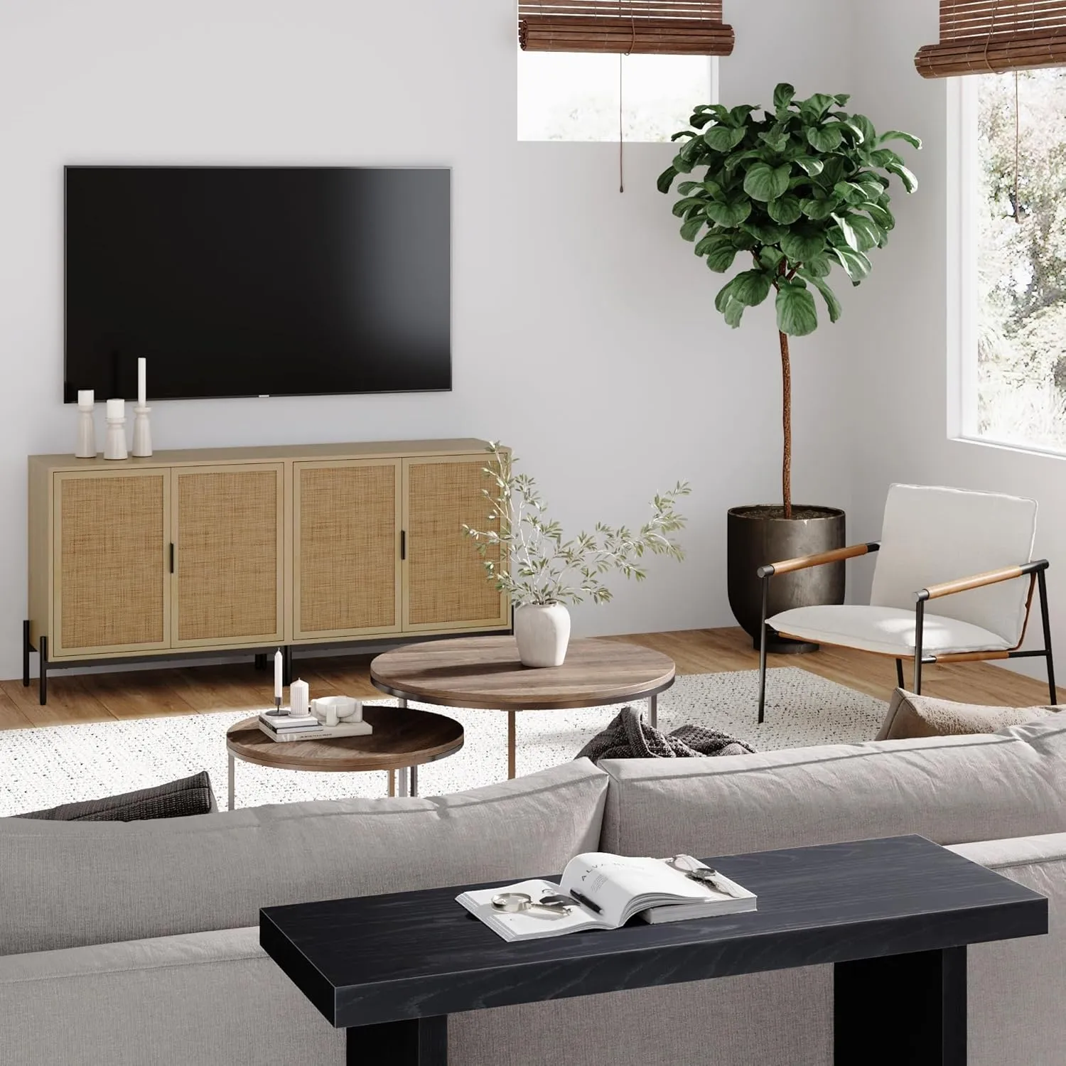 Nathan James Andrew Bohemian TV Stand or Kitchen Sideboard Credenza, Rattan Accent Cabinet with Metal Legs, Light Oak/Matte Black, Set of 2