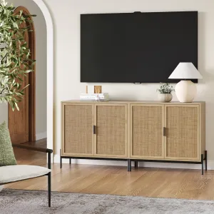 Nathan James Andrew Bohemian TV Stand or Kitchen Sideboard Credenza, Rattan Accent Cabinet with Metal Legs, Light Oak/Matte Black, Set of 2