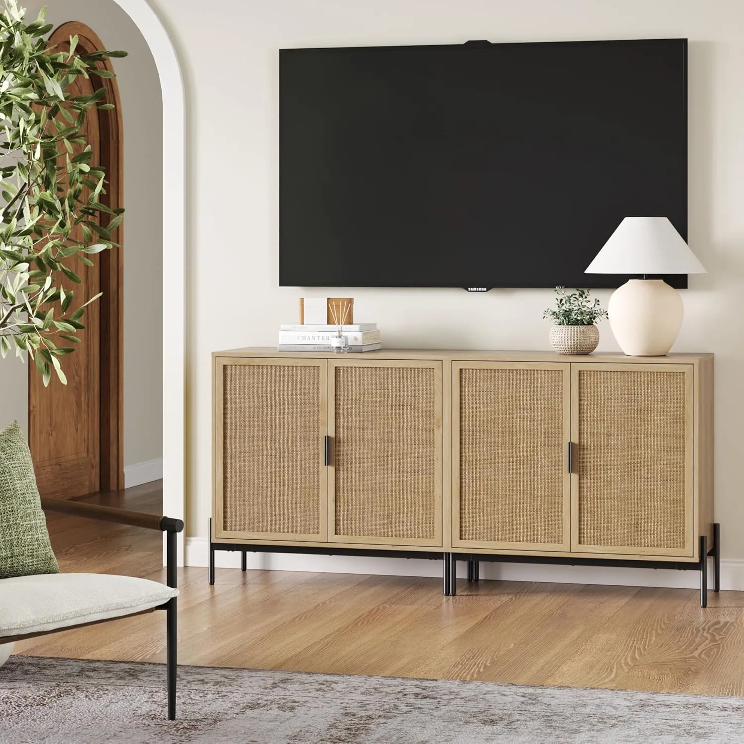 Nathan James Andrew Bohemian TV Stand or Kitchen Sideboard Credenza, Rattan Accent Cabinet with Metal Legs, Light Oak/Matte Black, Set of 2