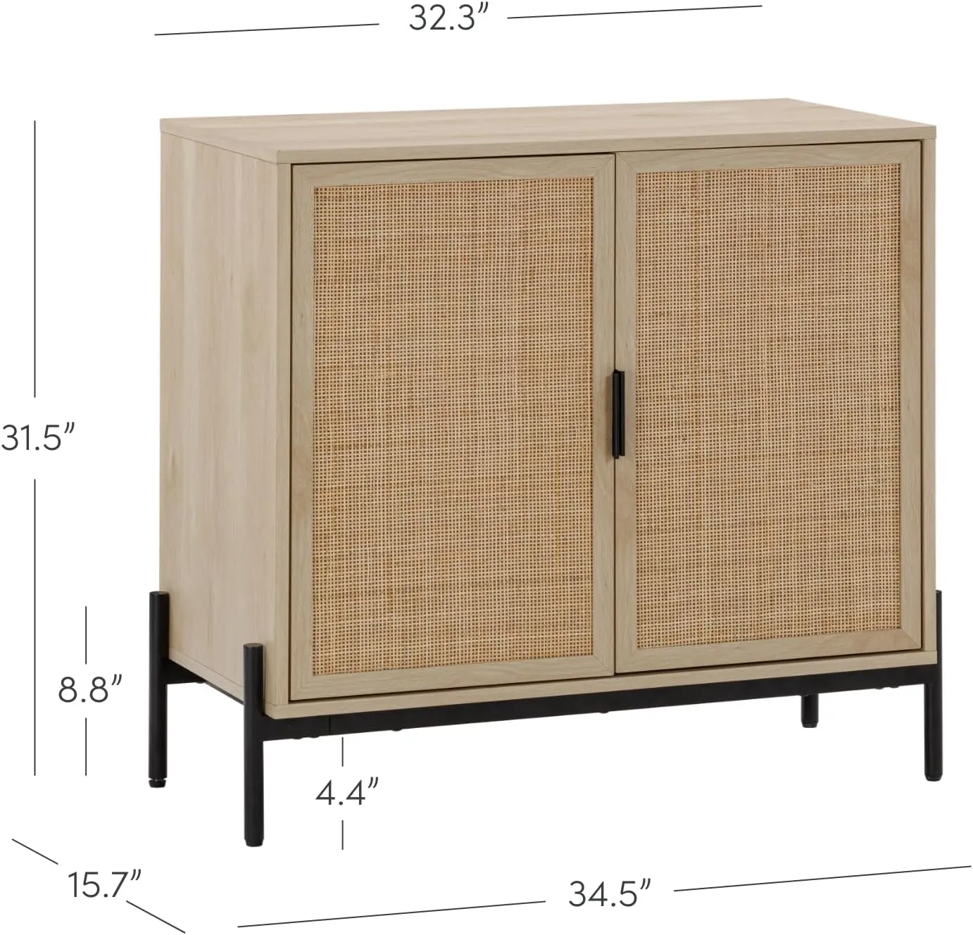 Nathan James Andrew Bohemian TV Stand or Kitchen Sideboard Credenza, Rattan Accent Cabinet with Metal Legs, Light Oak/Matte Black, Set of 2