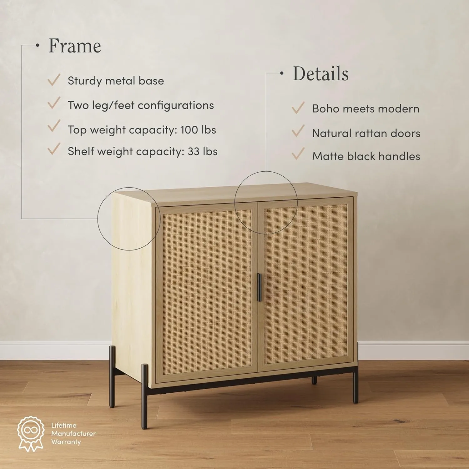 Nathan James Andrew Bohemian TV Stand or Kitchen Sideboard Credenza, Rattan Accent Cabinet with Metal Legs, Light Oak/Matte Black, Set of 2