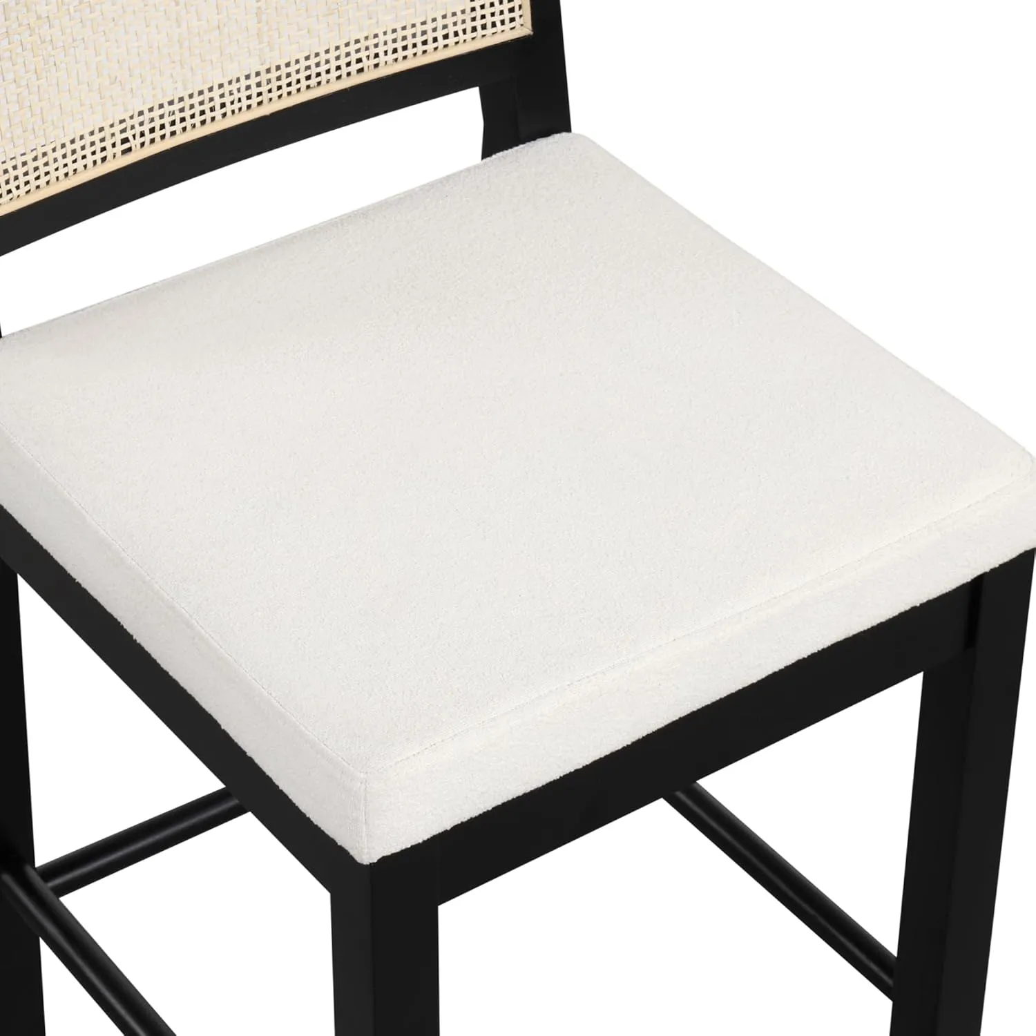 Nathan James Bailey Boucle Upholstered Rattan Bar Stool, Counter Height Stool with Natural Rattan Woven Back For Kitchen Island, White/Black Oak