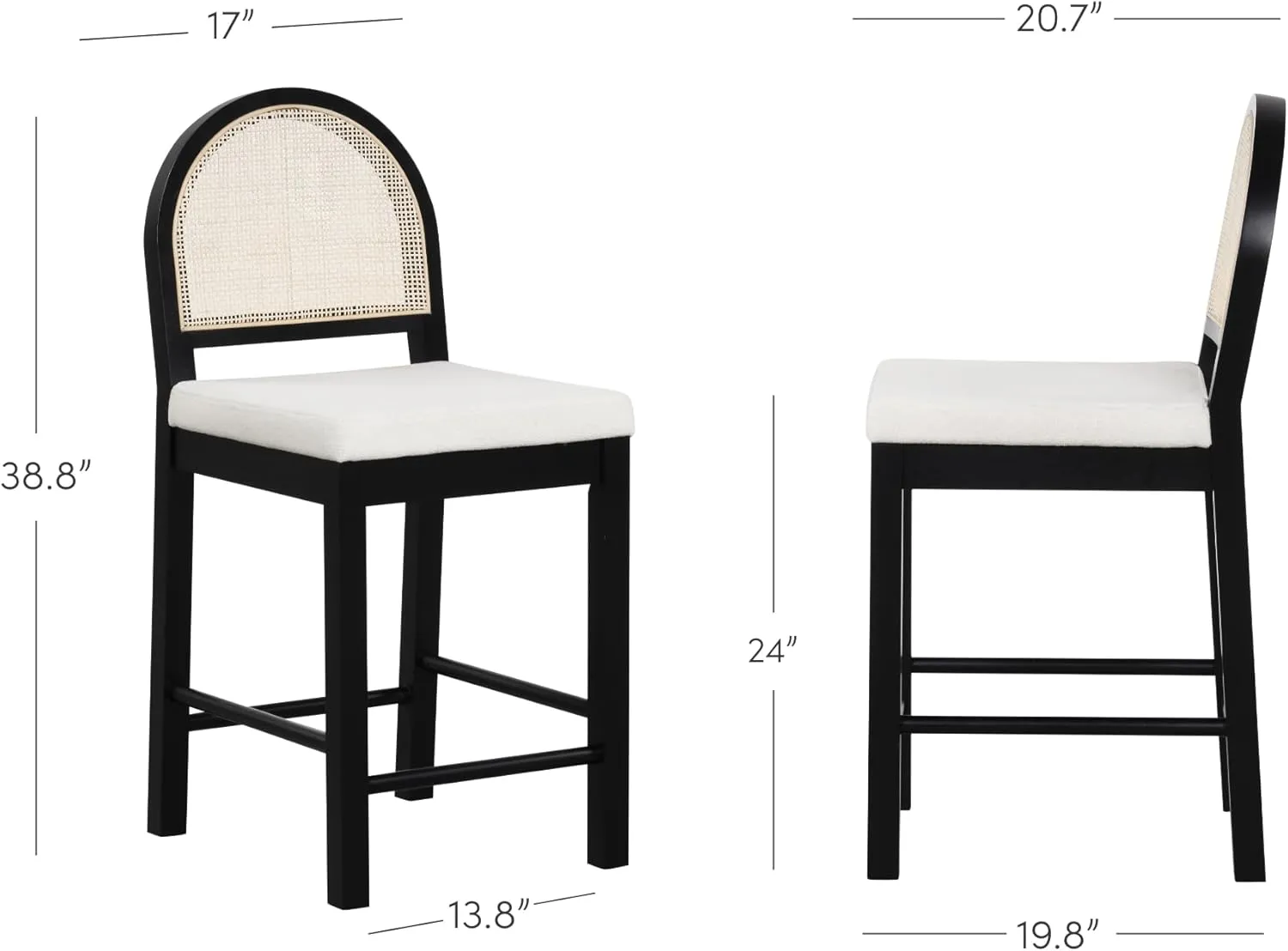 Nathan James Bailey Boucle Upholstered Rattan Bar Stool, Counter Height Stool with Natural Rattan Woven Back For Kitchen Island, White/Black Oak