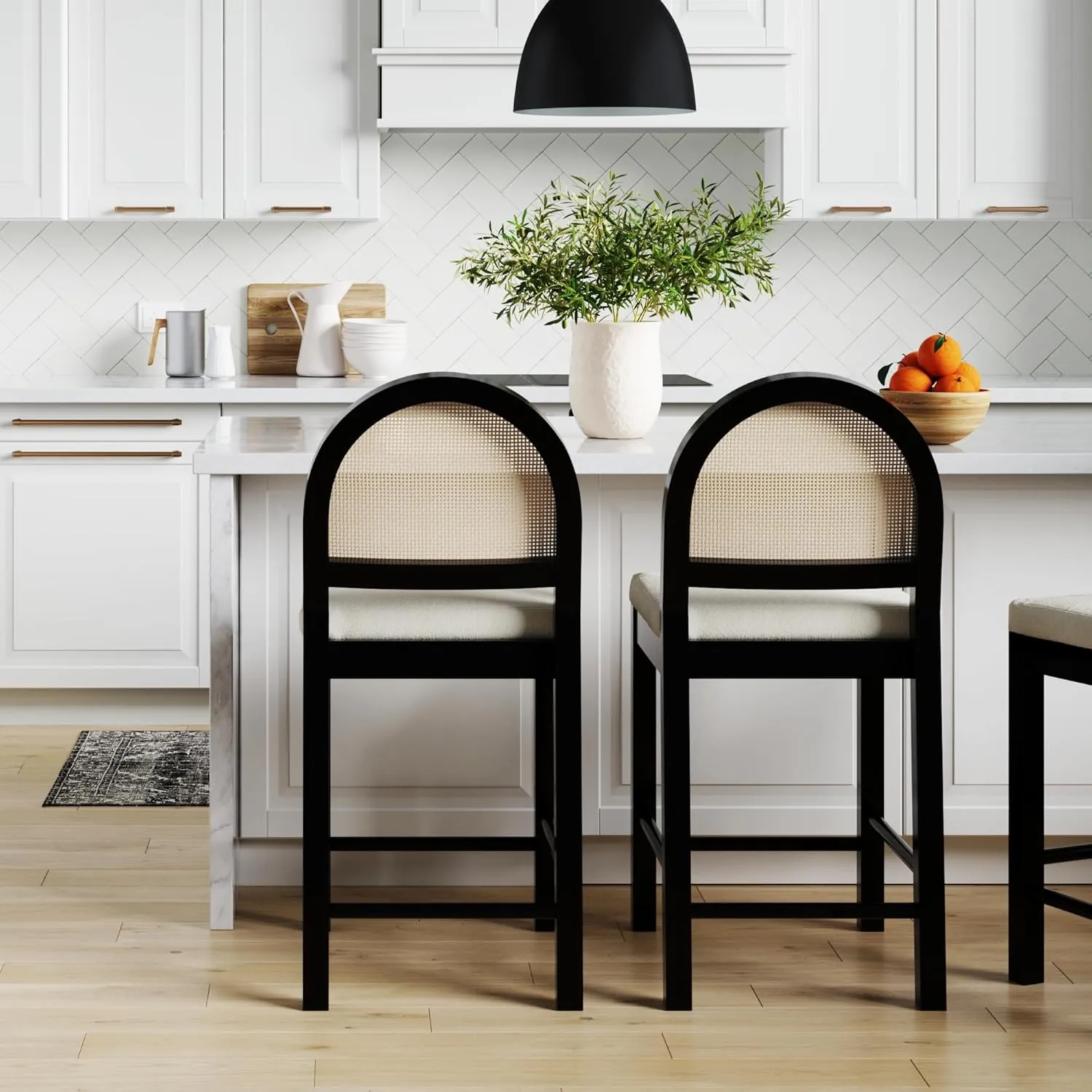 Nathan James Bailey Boucle Upholstered Rattan Bar Stool, Counter Height Stool with Natural Rattan Woven Back For Kitchen Island, White/Black Oak