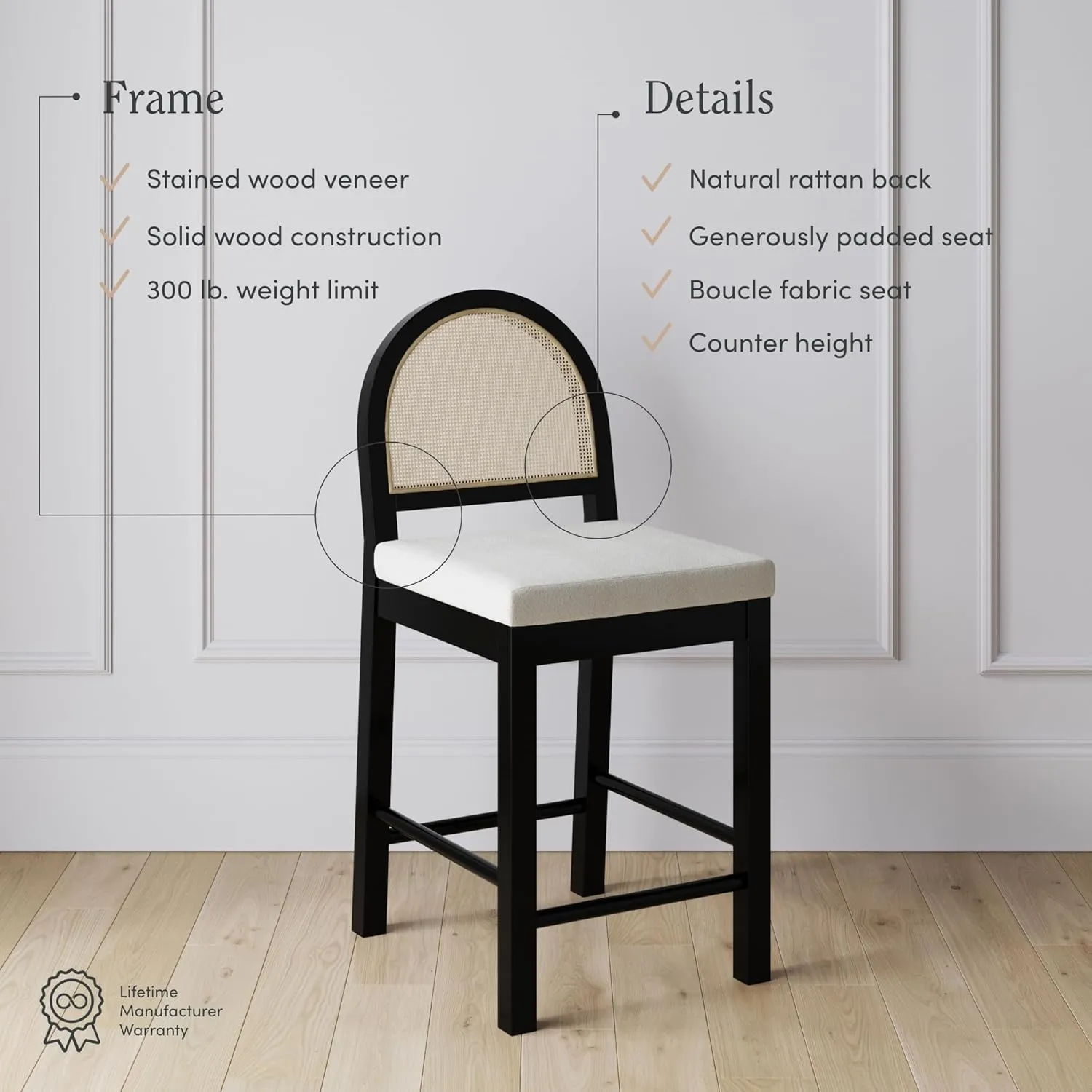 Nathan James Bailey Boucle Upholstered Rattan Bar Stool, Counter Height Stool with Natural Rattan Woven Back For Kitchen Island, White/Black Oak