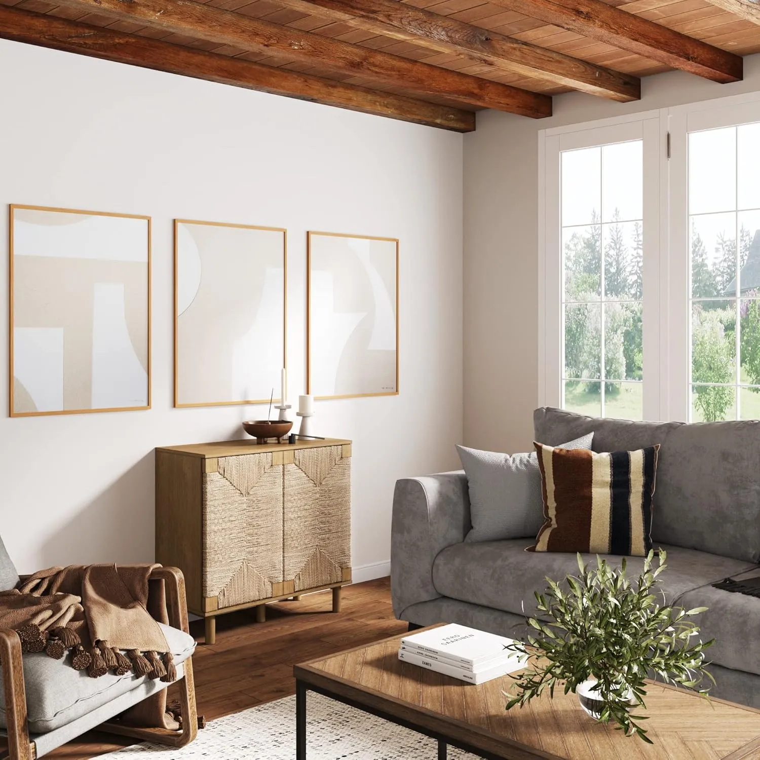Nathan James Beacon Accent Natural Sideboard Storage Cabinet in Light Wood with Adjustable Interior Shelf and Seagrass Doors, for Hallway, Entryway or Dining Room, Light Brown