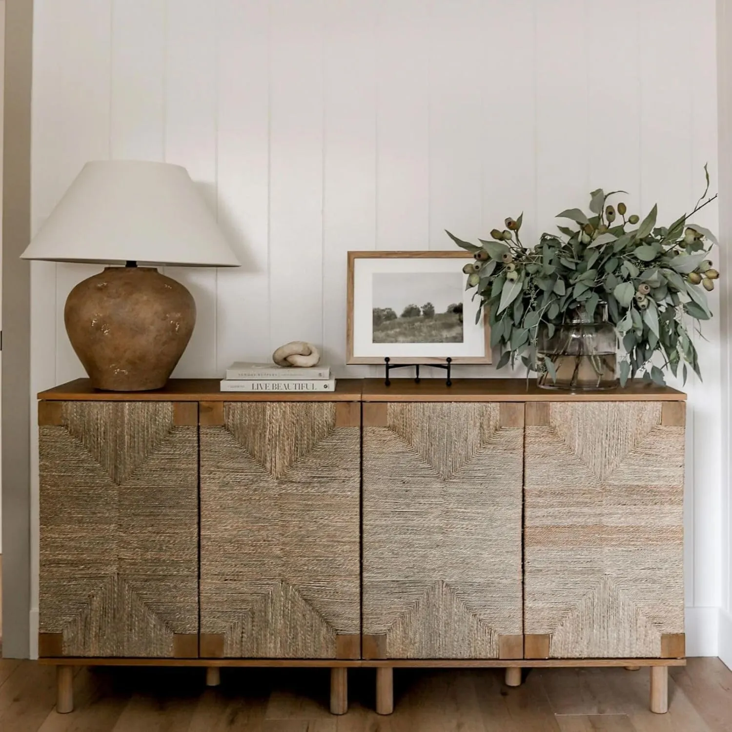 Nathan James Beacon Accent Natural Sideboard Storage Cabinet in Light Wood with Adjustable Interior Shelf and Seagrass Doors, for Hallway, Entryway or Dining Room, Light Brown