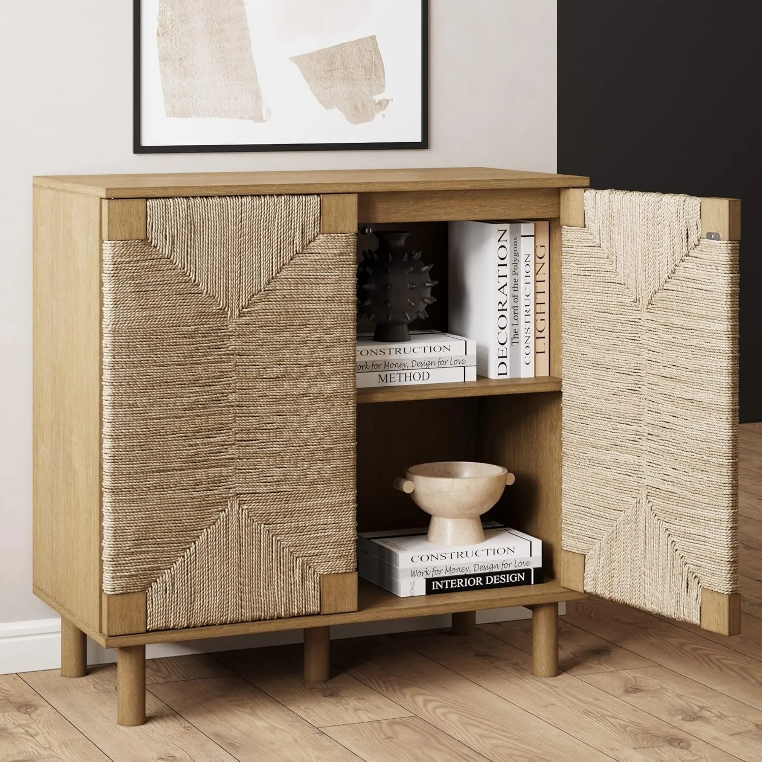 Nathan James Beacon Accent Natural Sideboard Storage Cabinet in Light Wood with Adjustable Interior Shelf and Seagrass Doors, for Hallway, Entryway or Dining Room, Light Brown