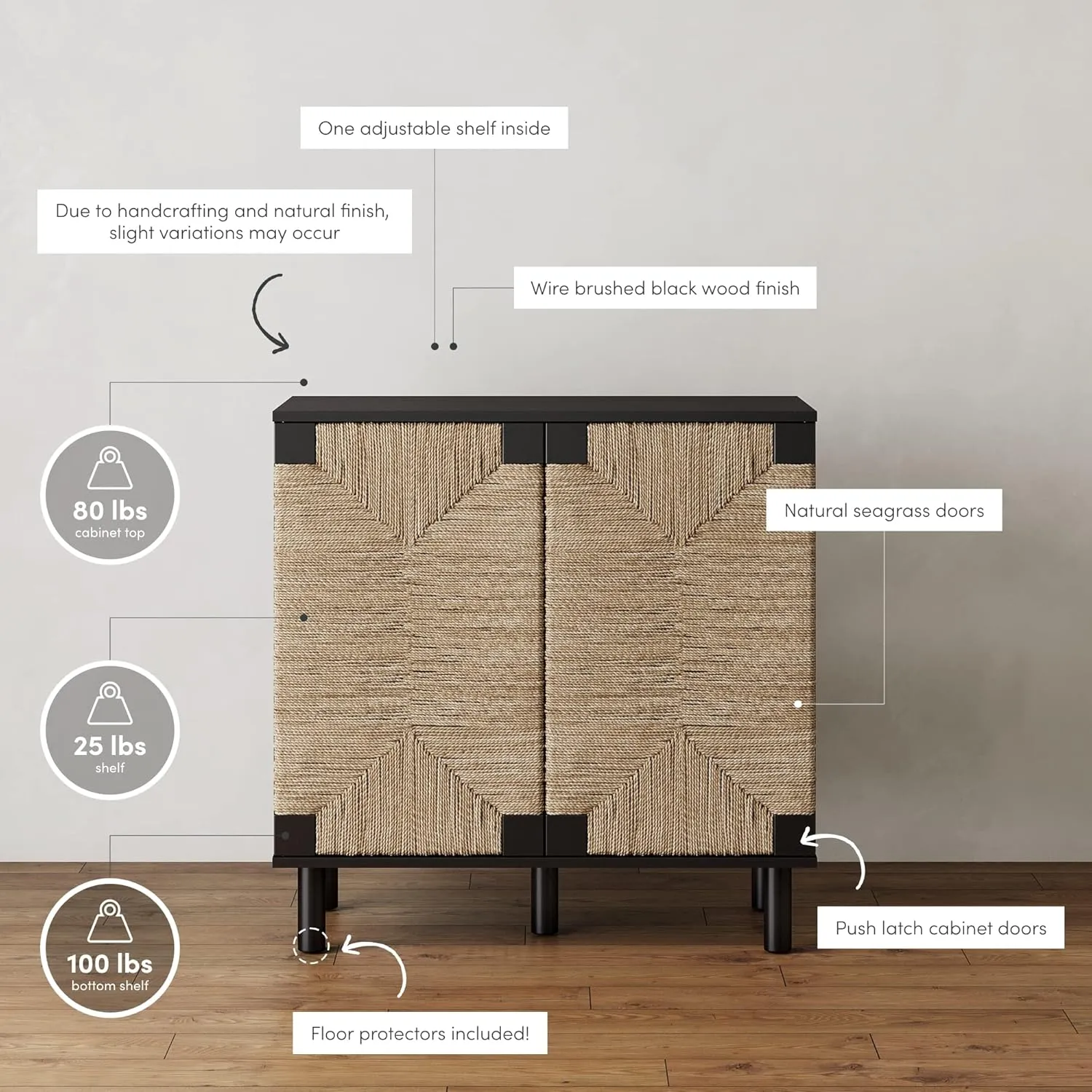 Nathan James Beacon Accent Natural Sideboard Storage Cabinet in Wire-Brushed Wood with Adjustable Interior Shelf and Seagrass Doors, for Hallway, Entryway or Dining Room, Black
