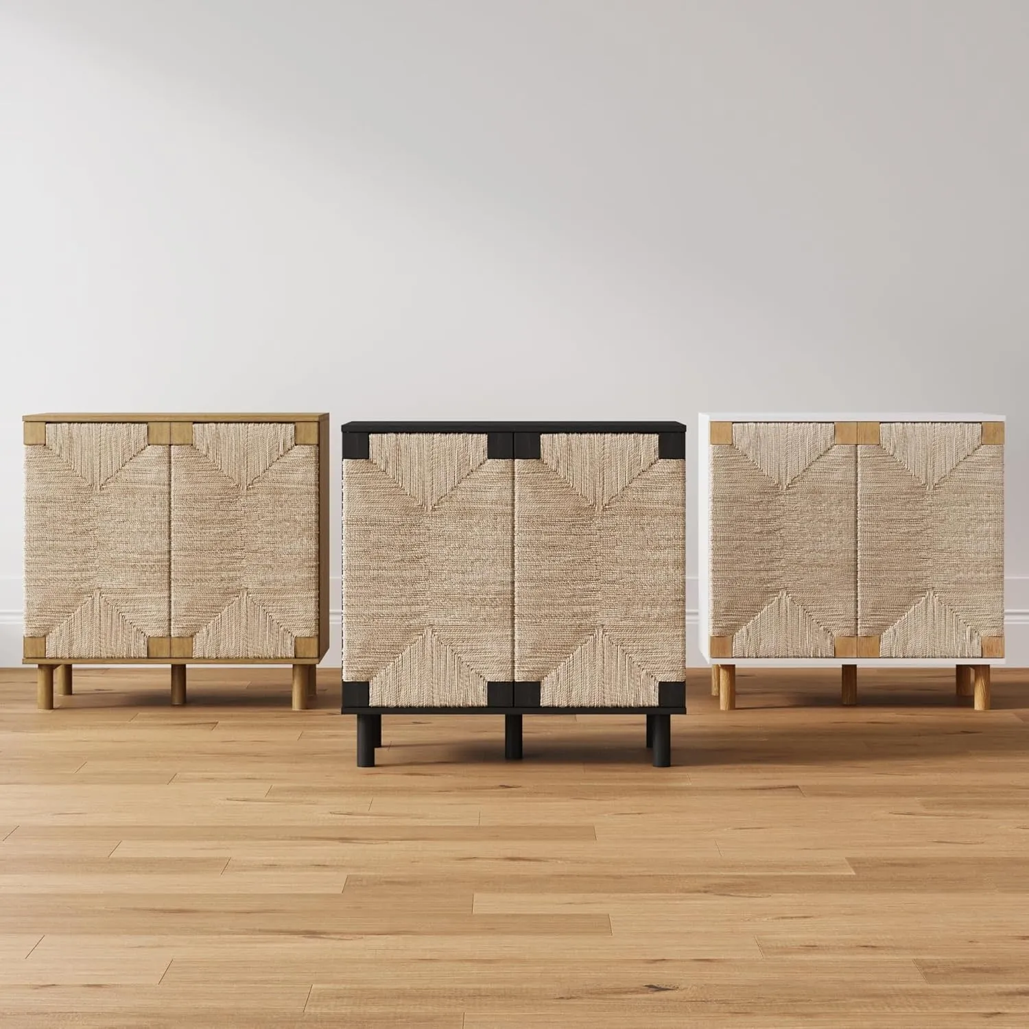 Nathan James Beacon Accent Natural Sideboard Storage Cabinet in Wire-Brushed Wood with Adjustable Interior Shelf and Seagrass Doors, for Hallway, Entryway or Dining Room, Black
