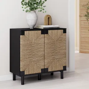 Nathan James Beacon Accent Natural Sideboard Storage Cabinet in Wire-Brushed Wood with Adjustable Interior Shelf and Seagrass Doors, for Hallway, Entryway or Dining Room, Black