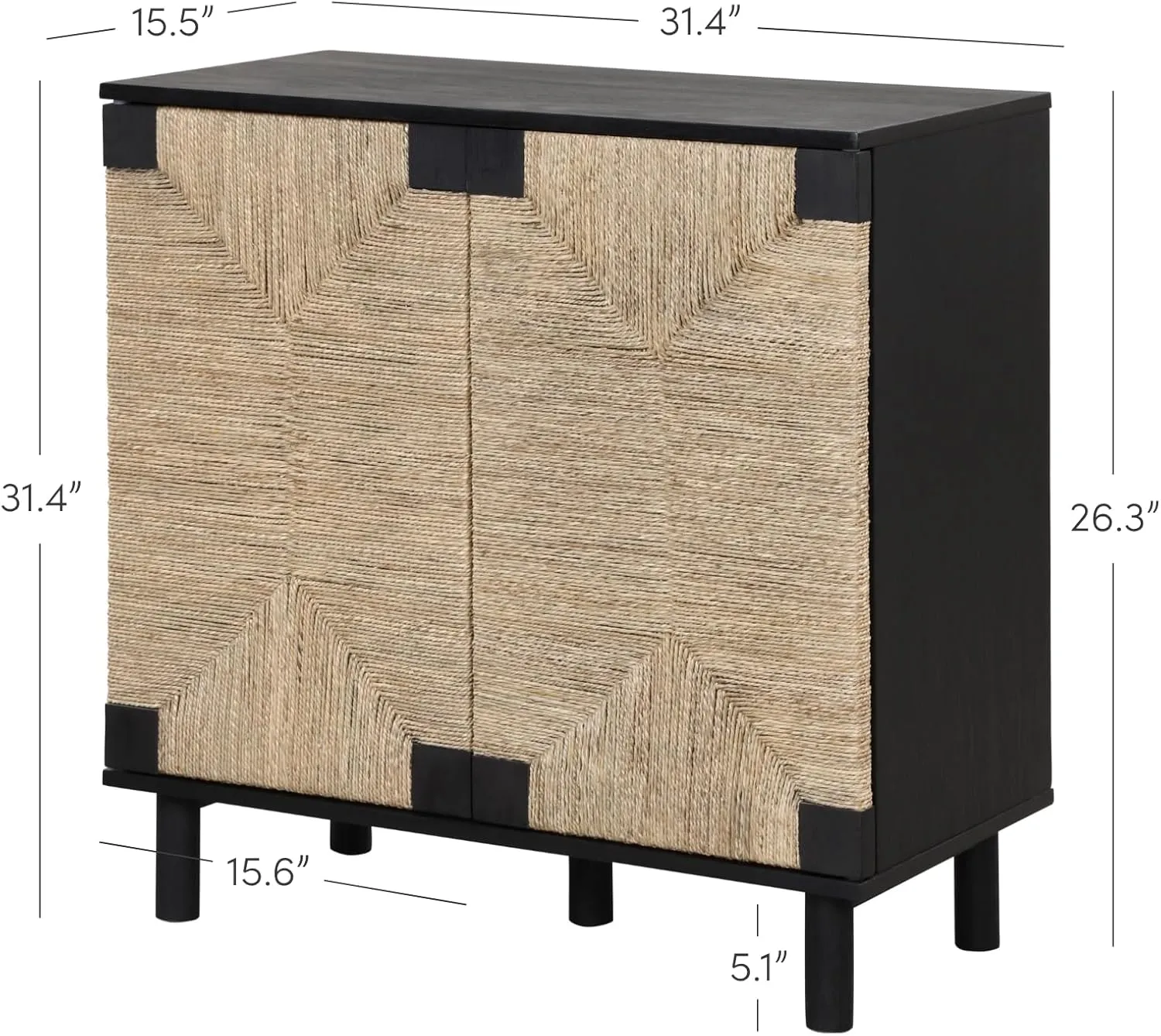 Nathan James Beacon Accent Natural Sideboard Storage Cabinet in Wire-Brushed Wood with Adjustable Interior Shelf and Seagrass Doors, for Hallway, Entryway or Dining Room, Black