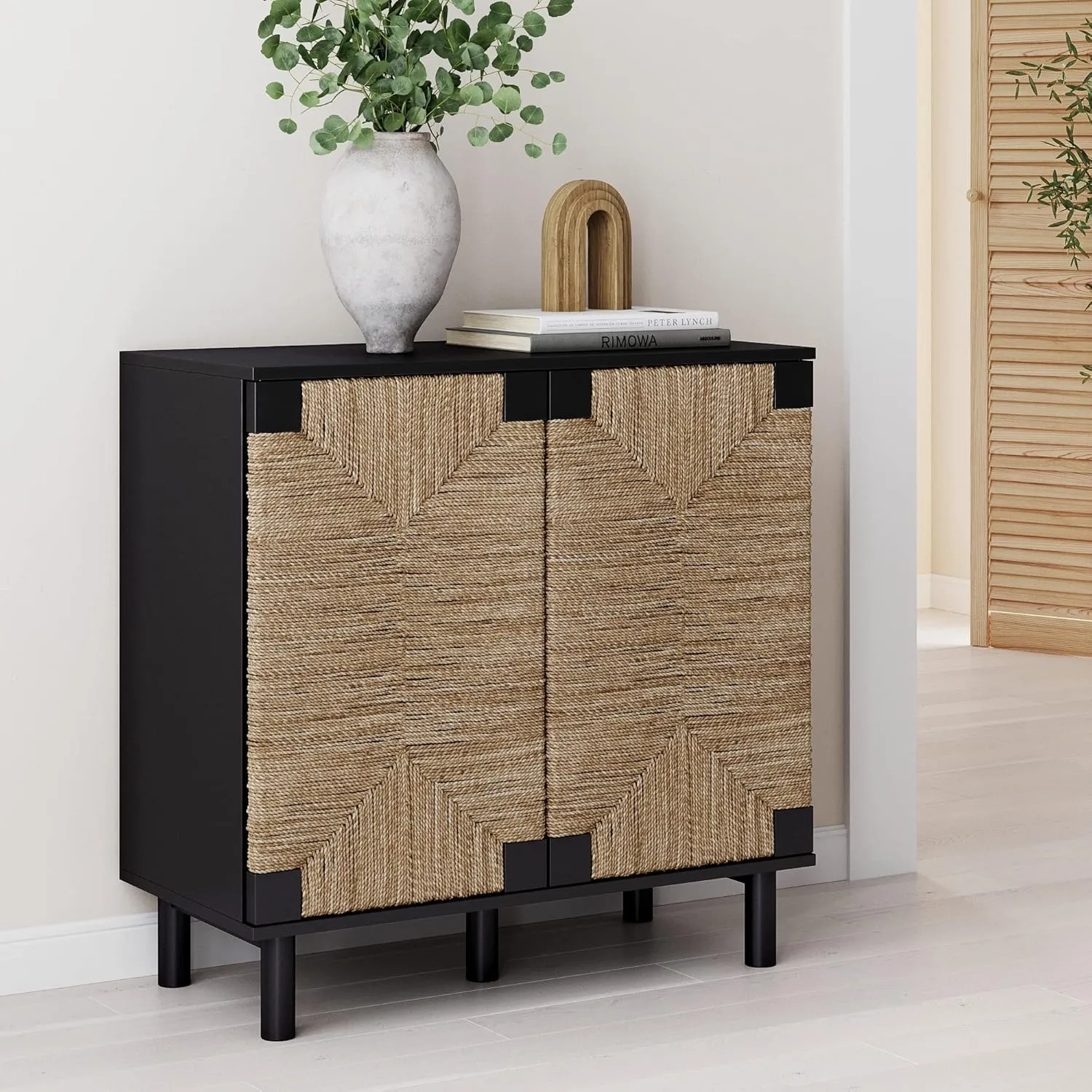 Nathan James Beacon Accent Natural Sideboard Storage Cabinet in Wire-Brushed Wood with Adjustable Interior Shelf and Seagrass Doors, for Hallway, Entryway or Dining Room, Black