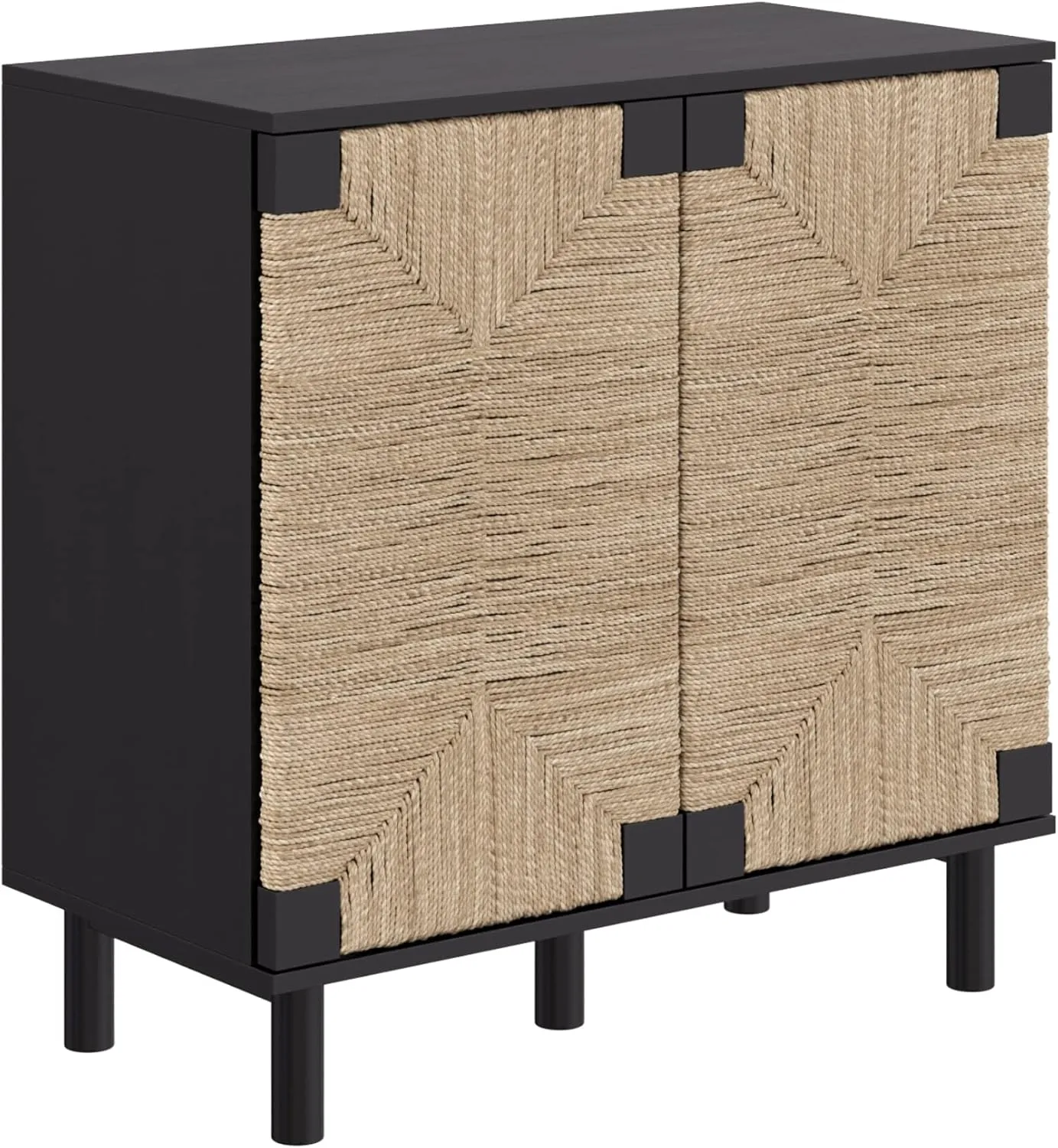 Nathan James Beacon Accent Natural Sideboard Storage Cabinet in Wire-Brushed Wood with Adjustable Interior Shelf and Seagrass Doors, for Hallway, Entryway or Dining Room, Black