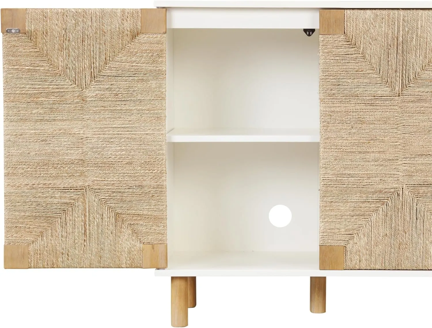 Nathan James Beacon Accent Natural Sideboard Storage Cabinet with Adjustable Interior Shelf and Seagrass Doors, for Hallway, Entryway or Dining Room, Light Brown/White