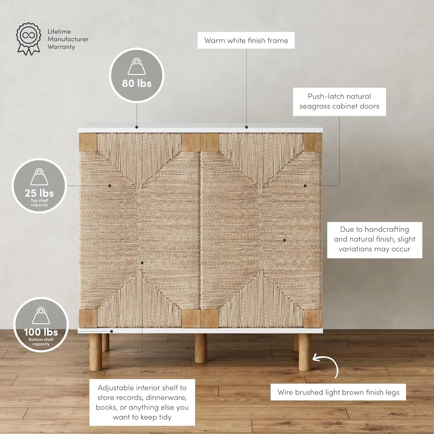 Nathan James Beacon Accent Natural Sideboard Storage Cabinet with Adjustable Interior Shelf and Seagrass Doors, for Hallway, Entryway or Dining Room, Light Brown/White