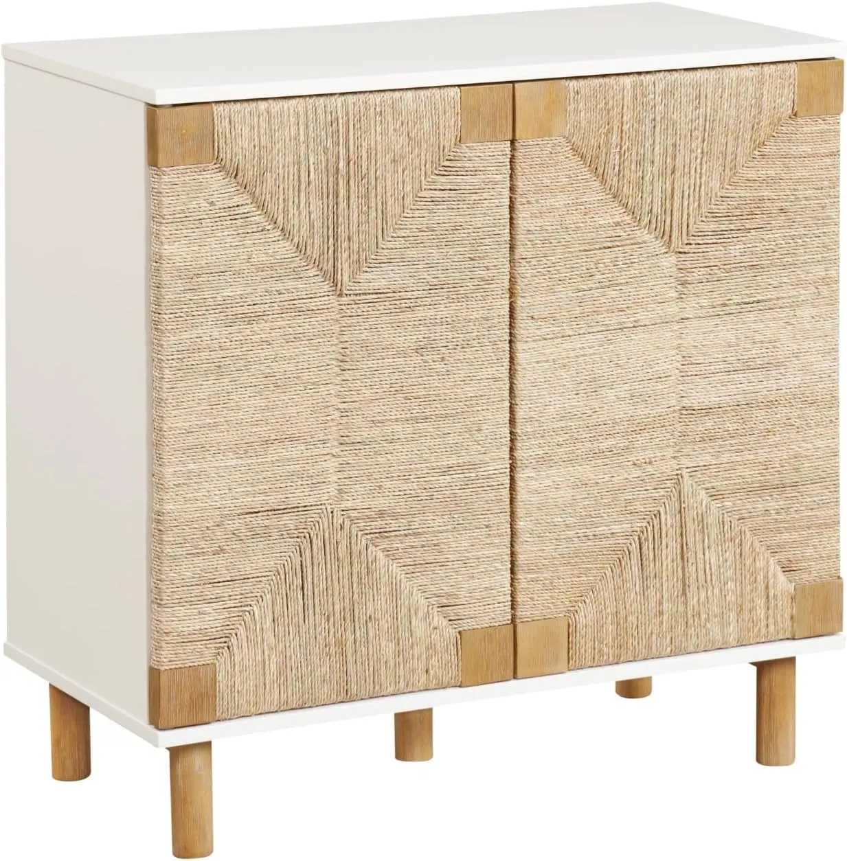 Nathan James Beacon Accent Natural Sideboard Storage Cabinet with Adjustable Interior Shelf and Seagrass Doors, for Hallway, Entryway or Dining Room, Light Brown/White
