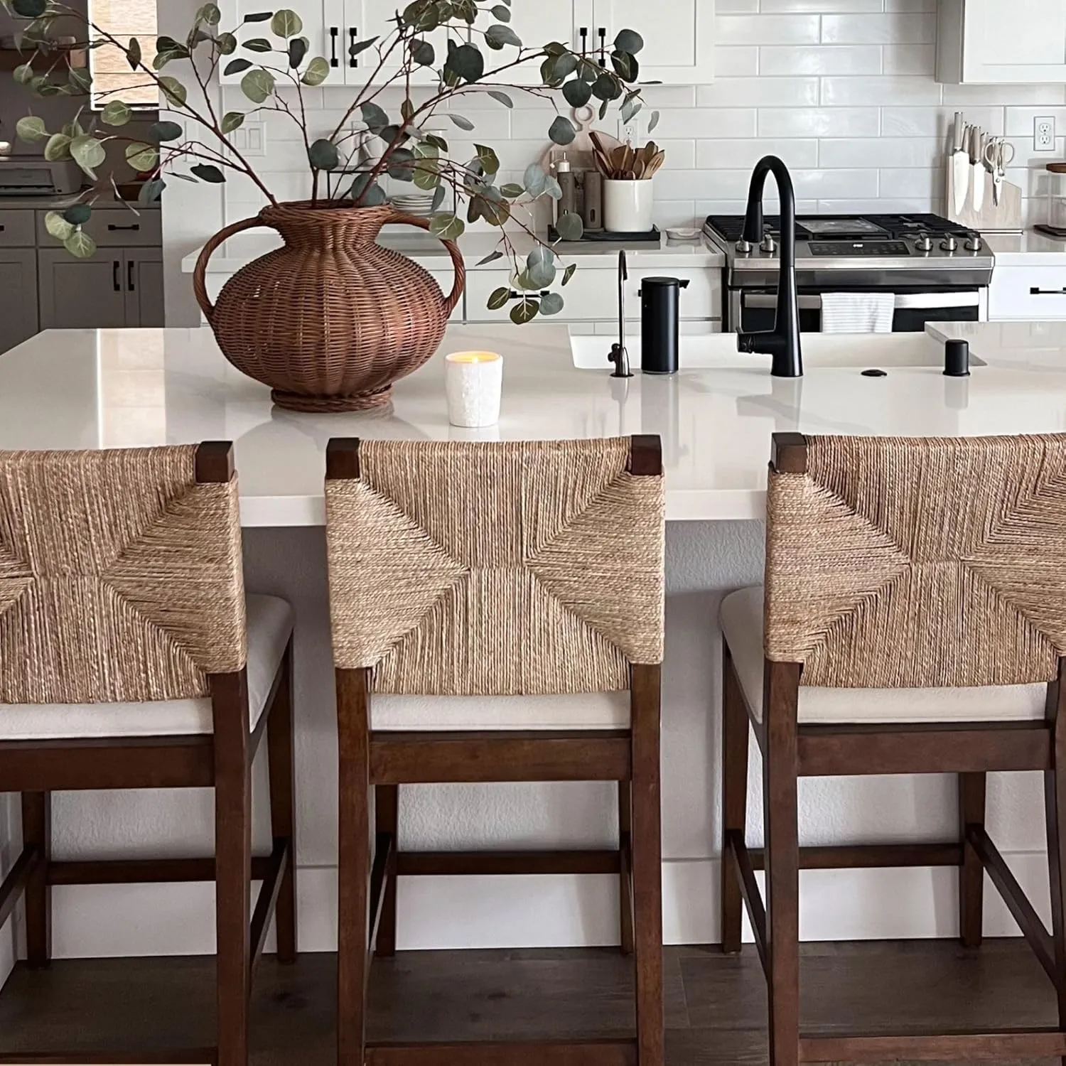 Nathan James Beacon Bohemian Boucle Bar Stool, Upholstered Bar Stool or Island Chairs for Kitchen, Seagrass Counter Height Stool with Back and Solid Wood Legs, Cream Boucle/Dark Brown
