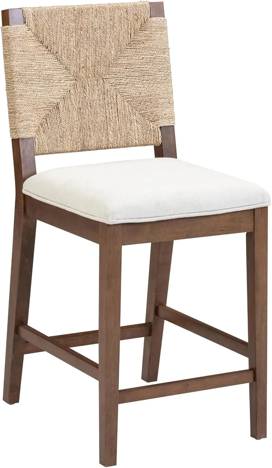 Nathan James Beacon Bohemian Boucle Bar Stool, Upholstered Bar Stool or Island Chairs for Kitchen, Seagrass Counter Height Stool with Back and Solid Wood Legs, Cream Boucle/Dark Brown