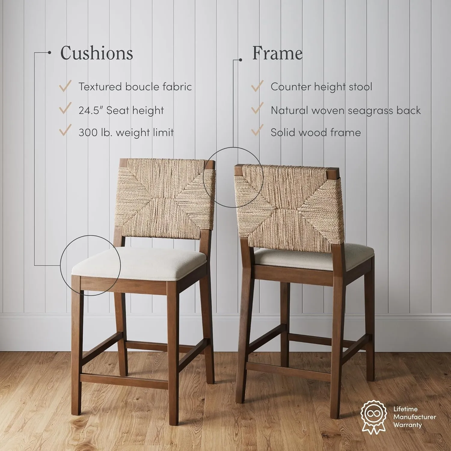 Nathan James Beacon Bohemian Boucle Bar Stool, Upholstered Bar Stool or Island Chairs for Kitchen, Seagrass Counter Height Stool with Back and Solid Wood Legs, Cream Boucle/Dark Brown