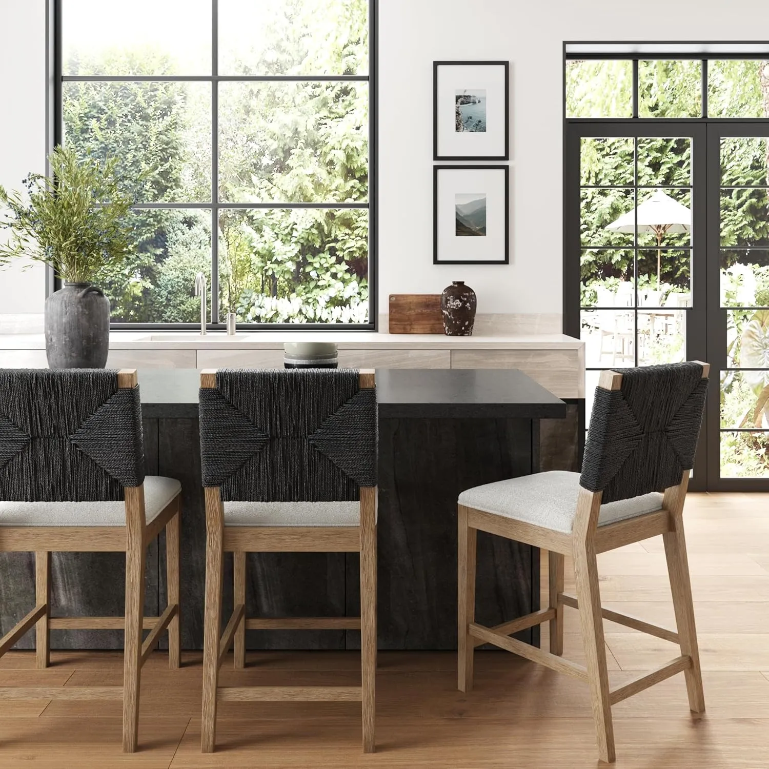 Nathan James Beacon Bohemian Boucle Bar Stool, Upholstered Bar Stool or Island Chairs for Kitchen, Seagrass Counter Height Stool with Back and Solid Wood Legs, Cream Boucle/Gray