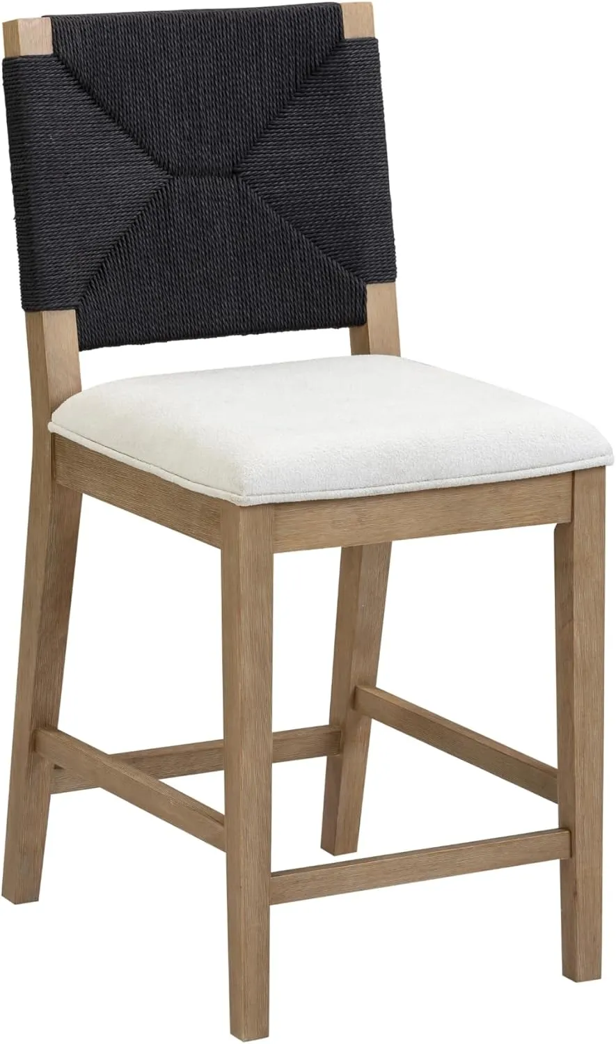 Nathan James Beacon Bohemian Boucle Bar Stool, Upholstered Bar Stool or Island Chairs for Kitchen, Seagrass Counter Height Stool with Back and Solid Wood Legs, Cream Boucle/Gray