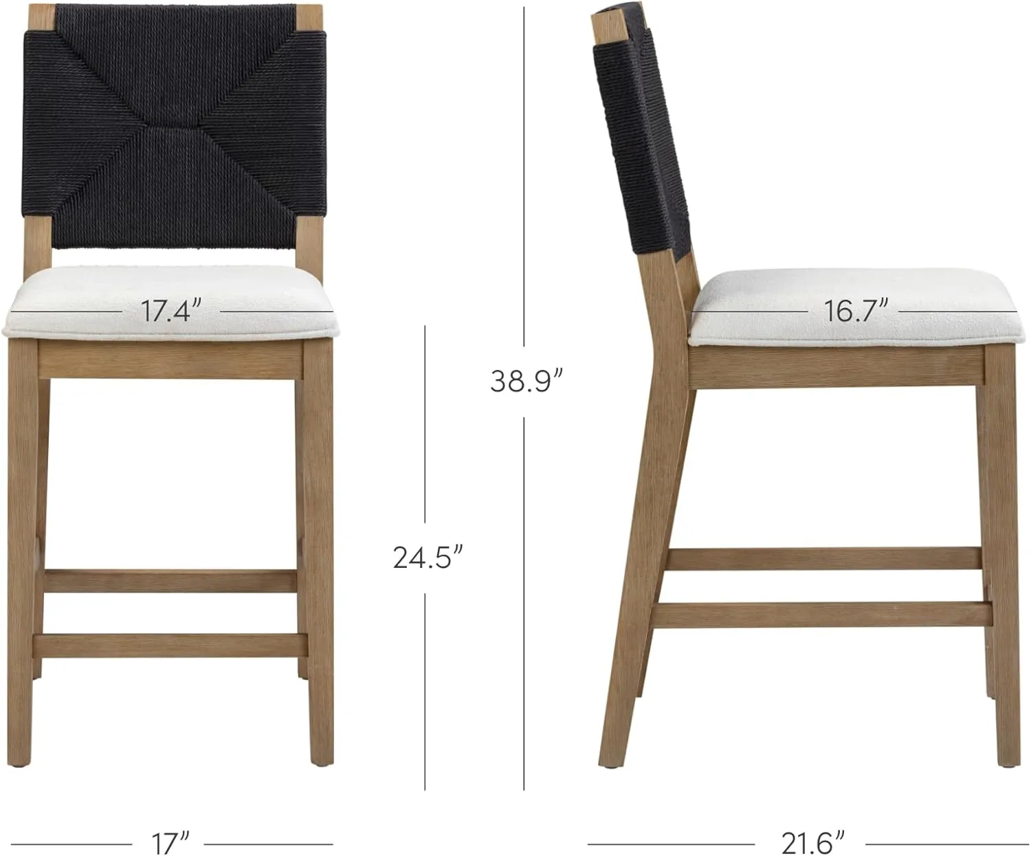 Nathan James Beacon Bohemian Boucle Bar Stool, Upholstered Bar Stool or Island Chairs for Kitchen, Seagrass Counter Height Stool with Back and Solid Wood Legs, Cream Boucle/Gray